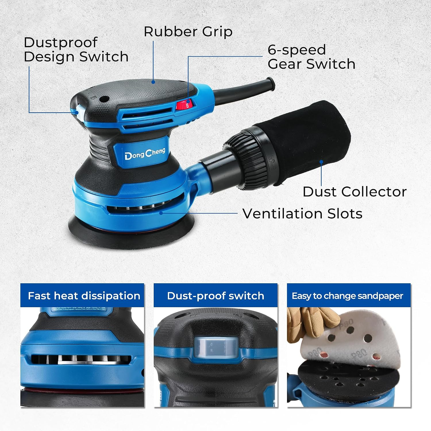 5-Inch Random Orbital Sander 3.2A 12800OPM Electric Palm Sander, 6 Variable Spee