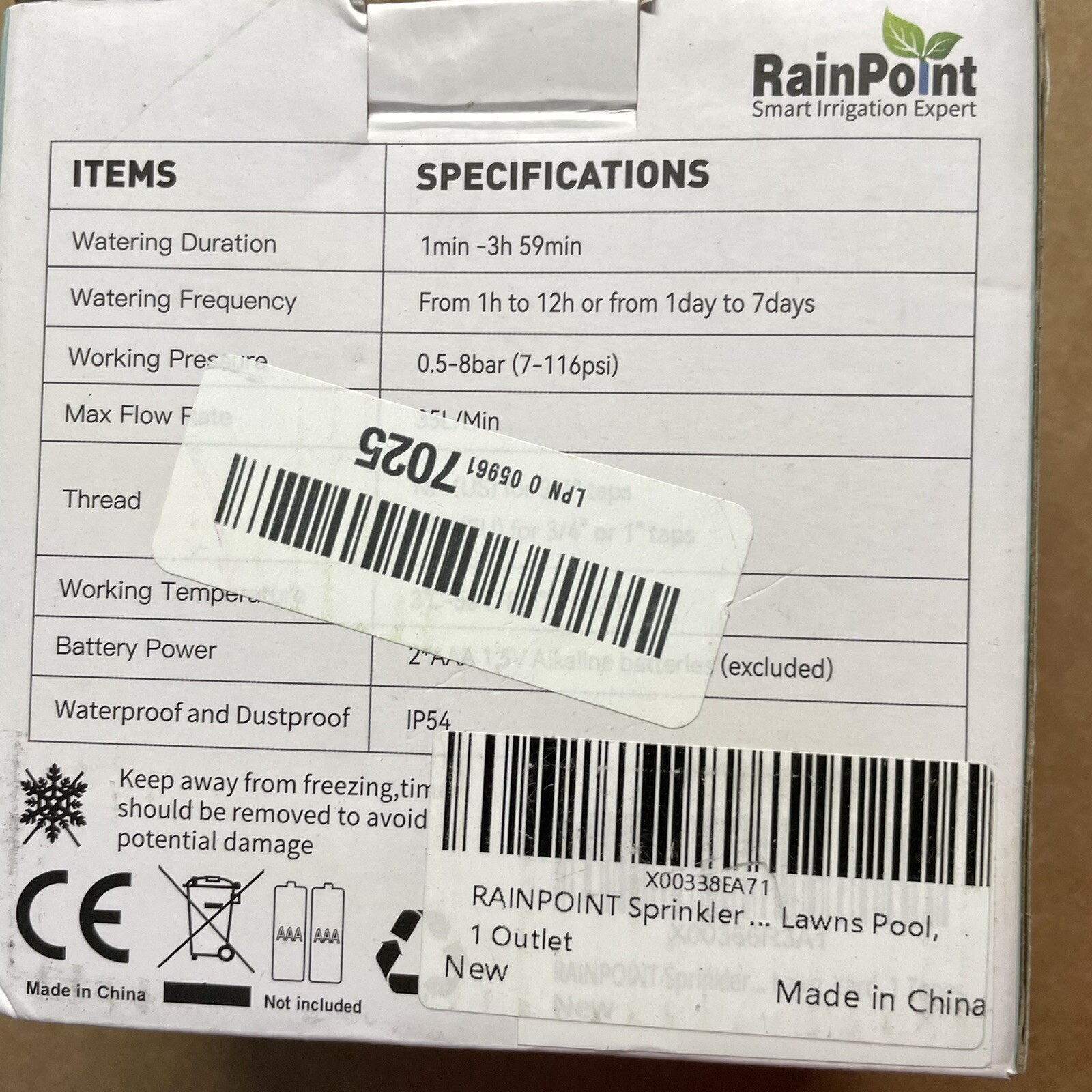 Rainpoint 1-Zone Water Timer ITV105 Water/Rustproof Rain Delay Watering