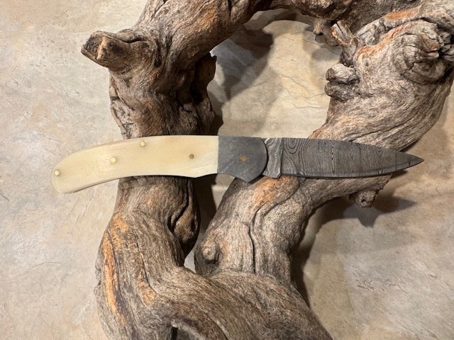 Big Damascus folding blade knife w/ White Bone handle