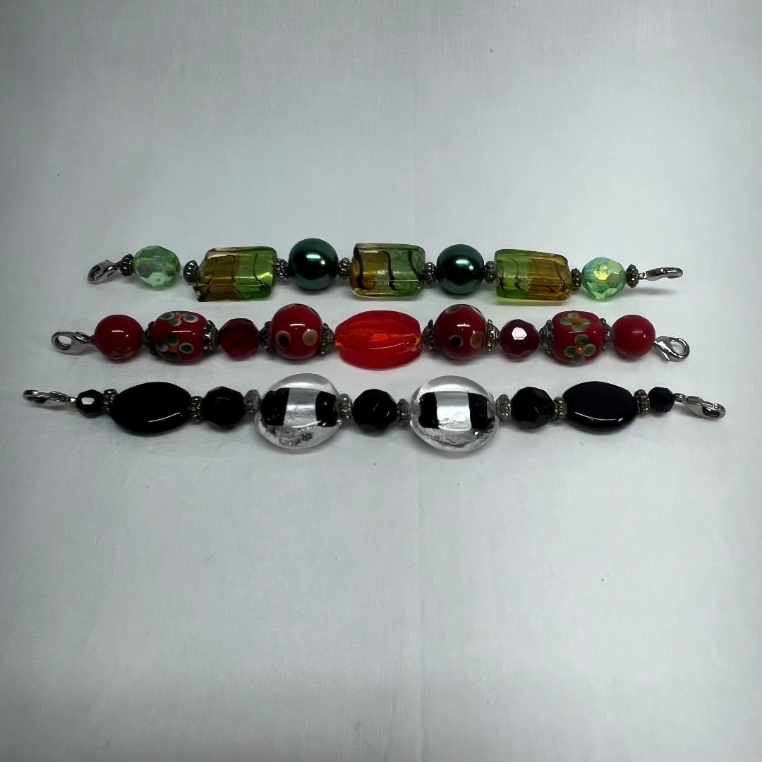Three (3) Hand Crafted Beaded Bracelets Glass MultiColor Beads Lobster Clasp 8"+