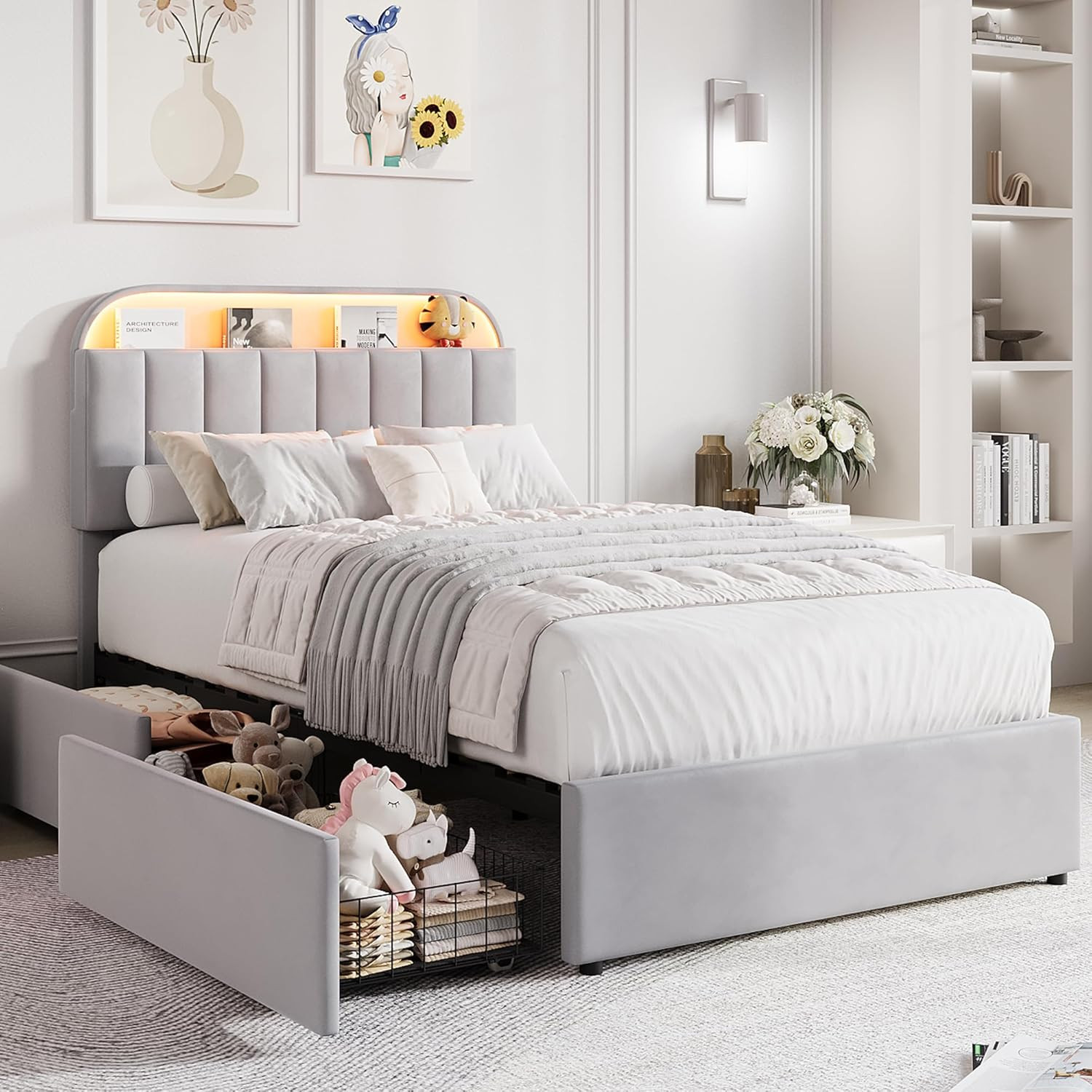 Velvet Twin Bed Frame with Storage Headboard & Drawers, Easy Assembly, Grey