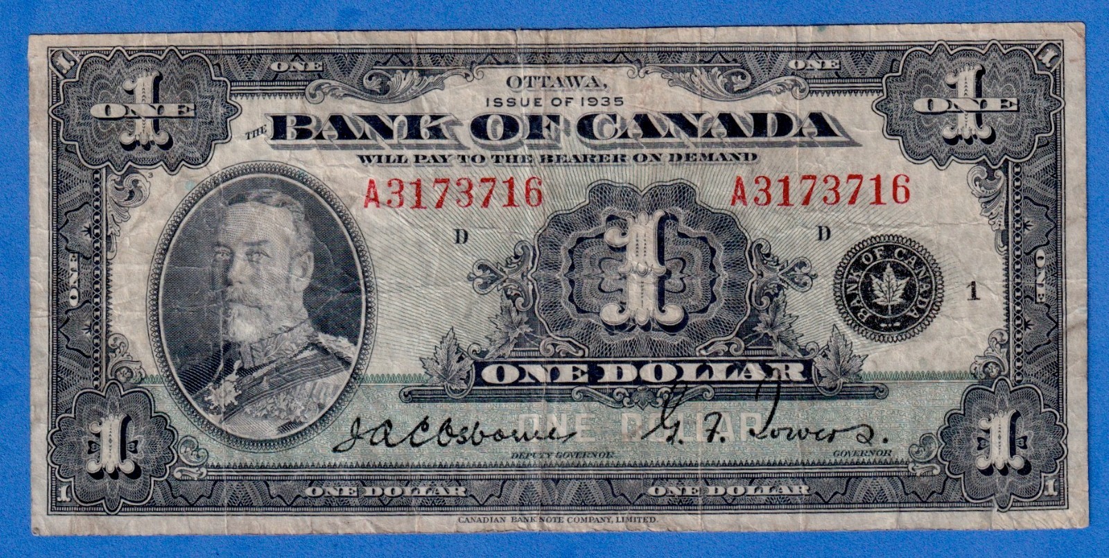 Bank of Canada $1 1935 BC-1 / P-38 King George V Circulated Note - A3173716