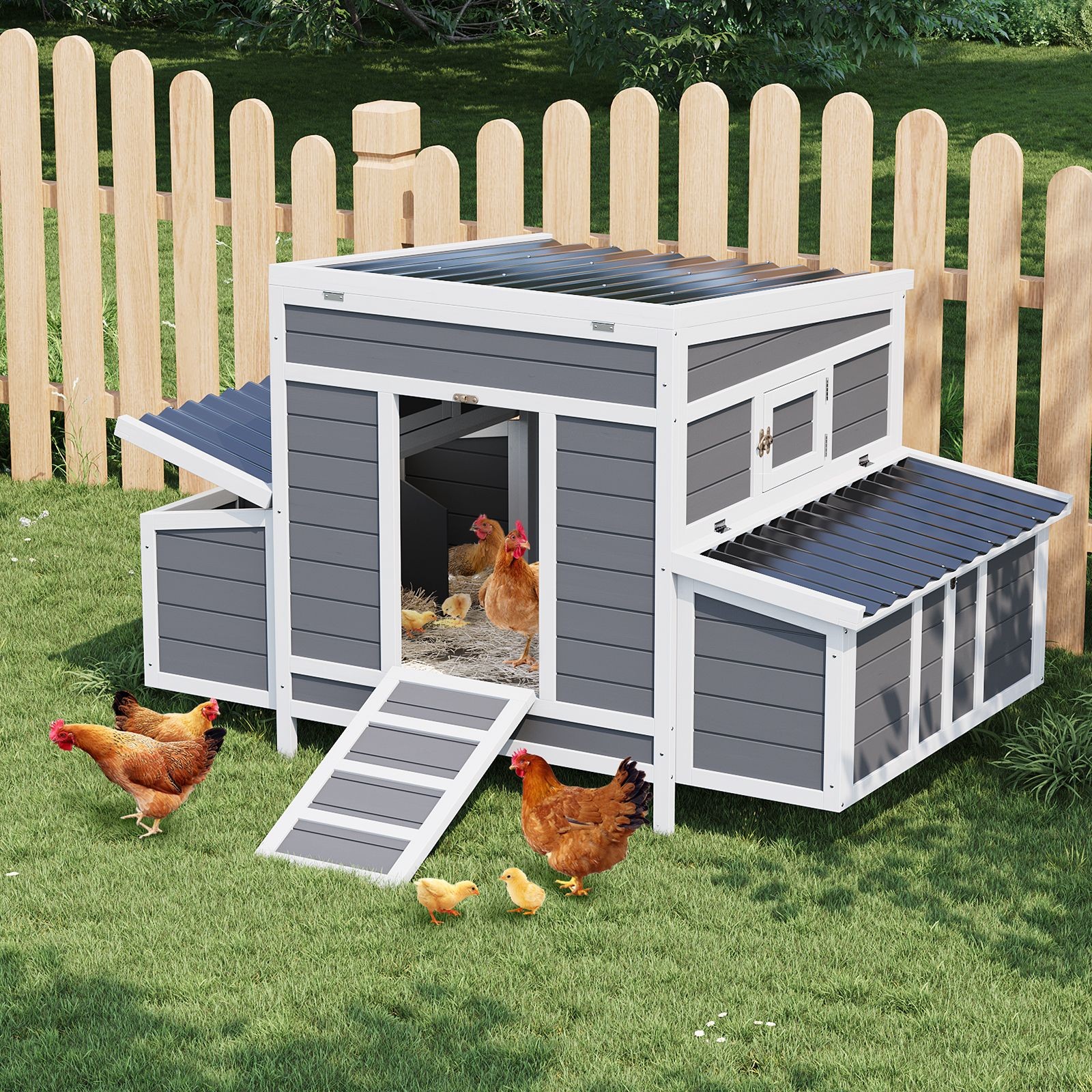 55" Chicken Coop 4-6 Chickens Dual Nesting Boxes Waterproof, Lockable Ventilated