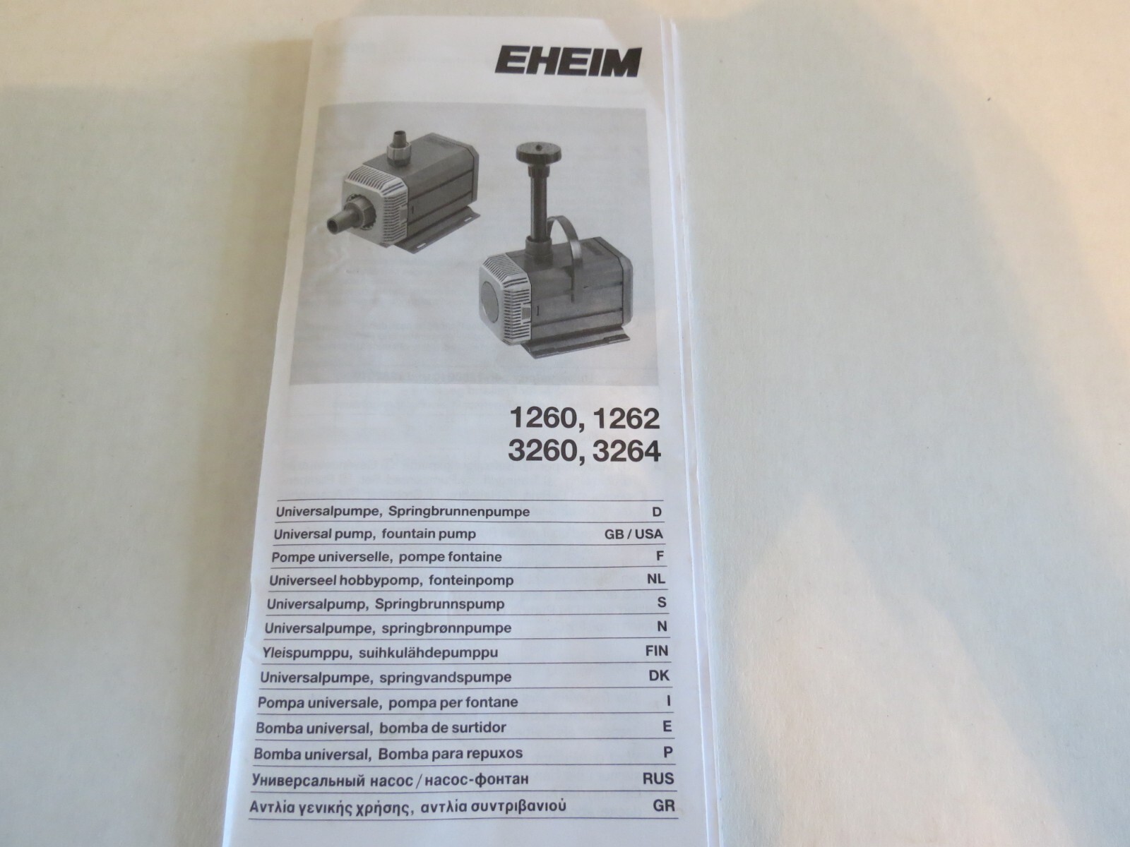 EHEIM 1260/1262/3260/3264 Universal Water Pump Owner's Manual & Parts Guide-Nice