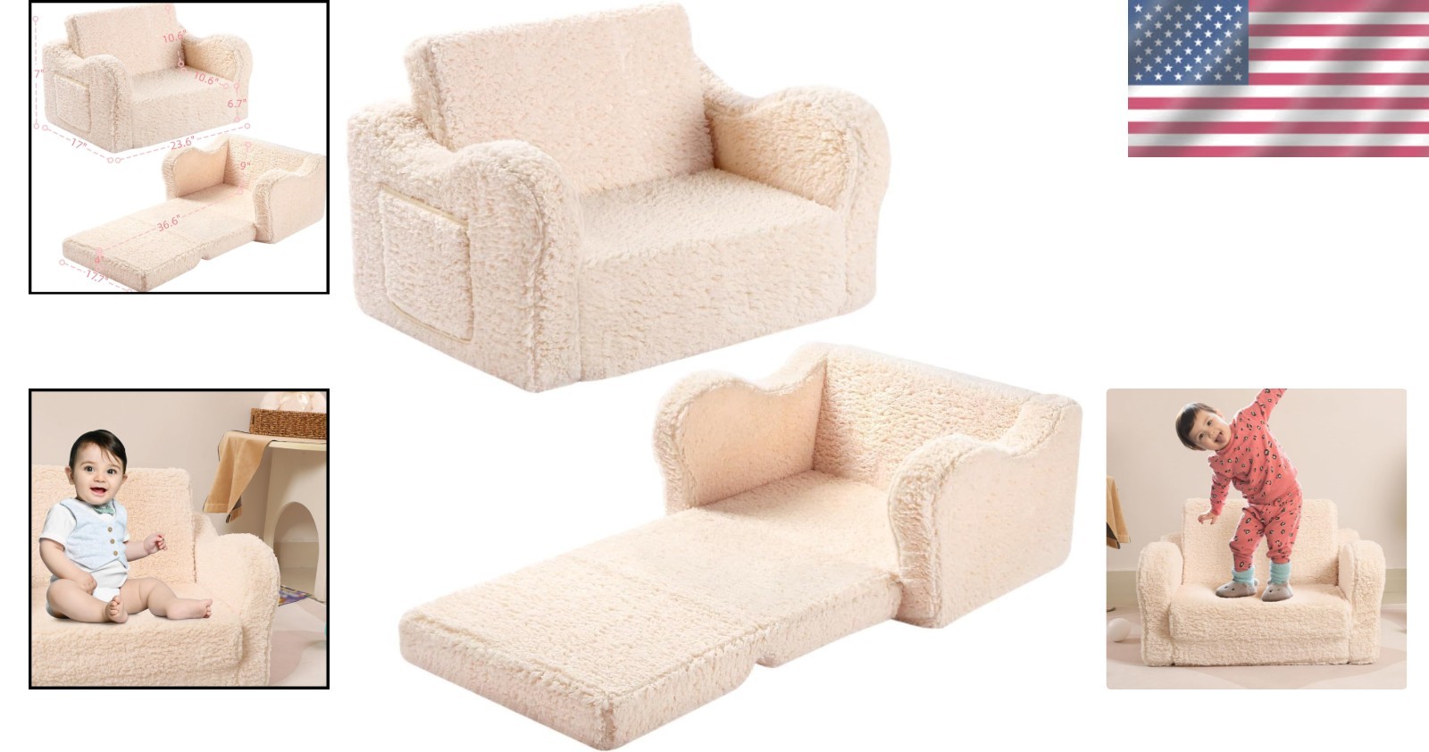 2-in-1 Kids Sofa: Flip-Out Foam Lounge Chair with Soft Sherpa Cover - Cream