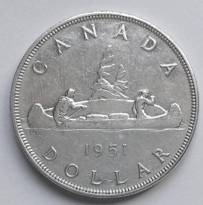 1951 Canada Silver Voyageur Indian Canoe $1 Coin High Grade
