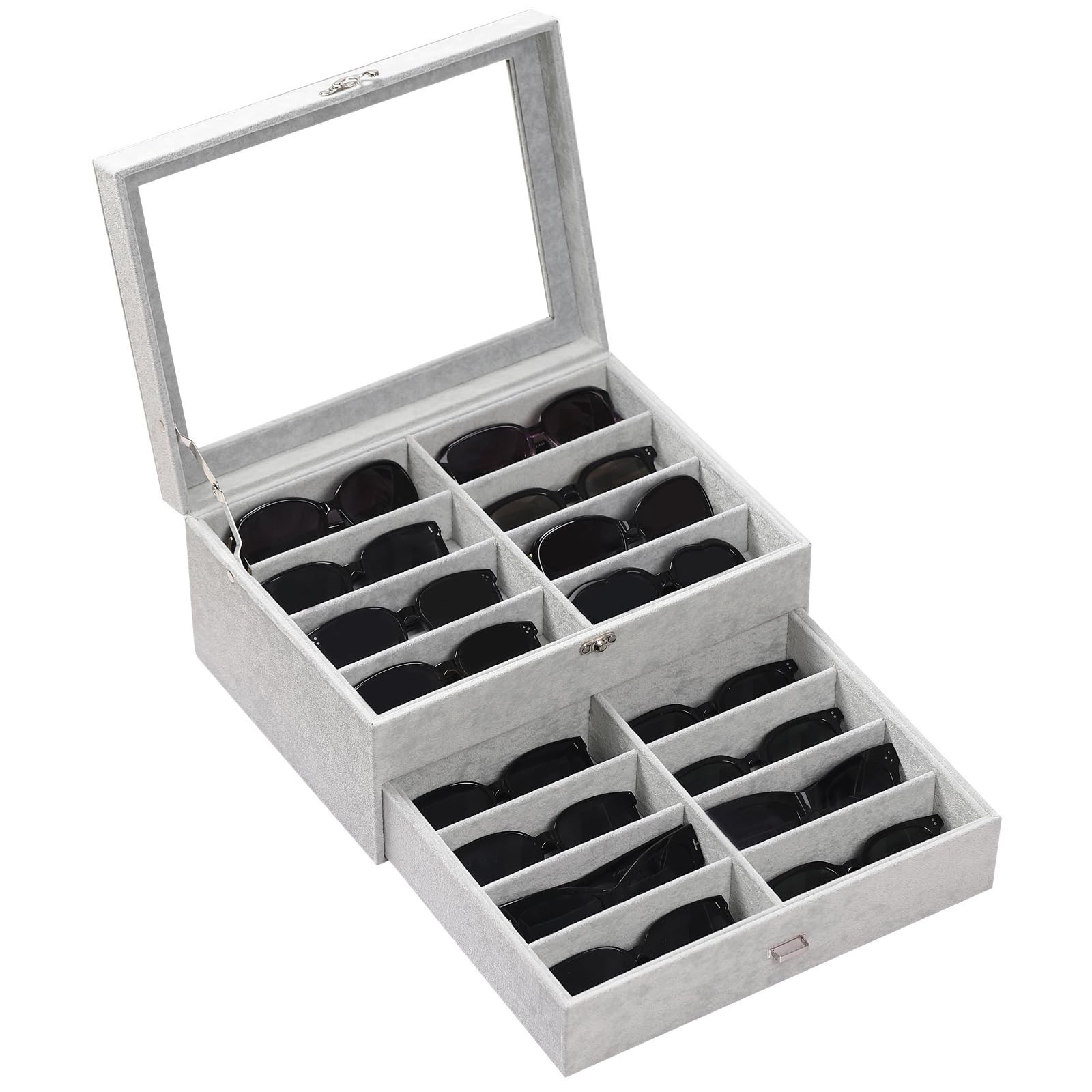 AUTOARK 16-Slot Sunglass & Eyeglasses Organizer Box,2-Layer Velvet Drawer wit...