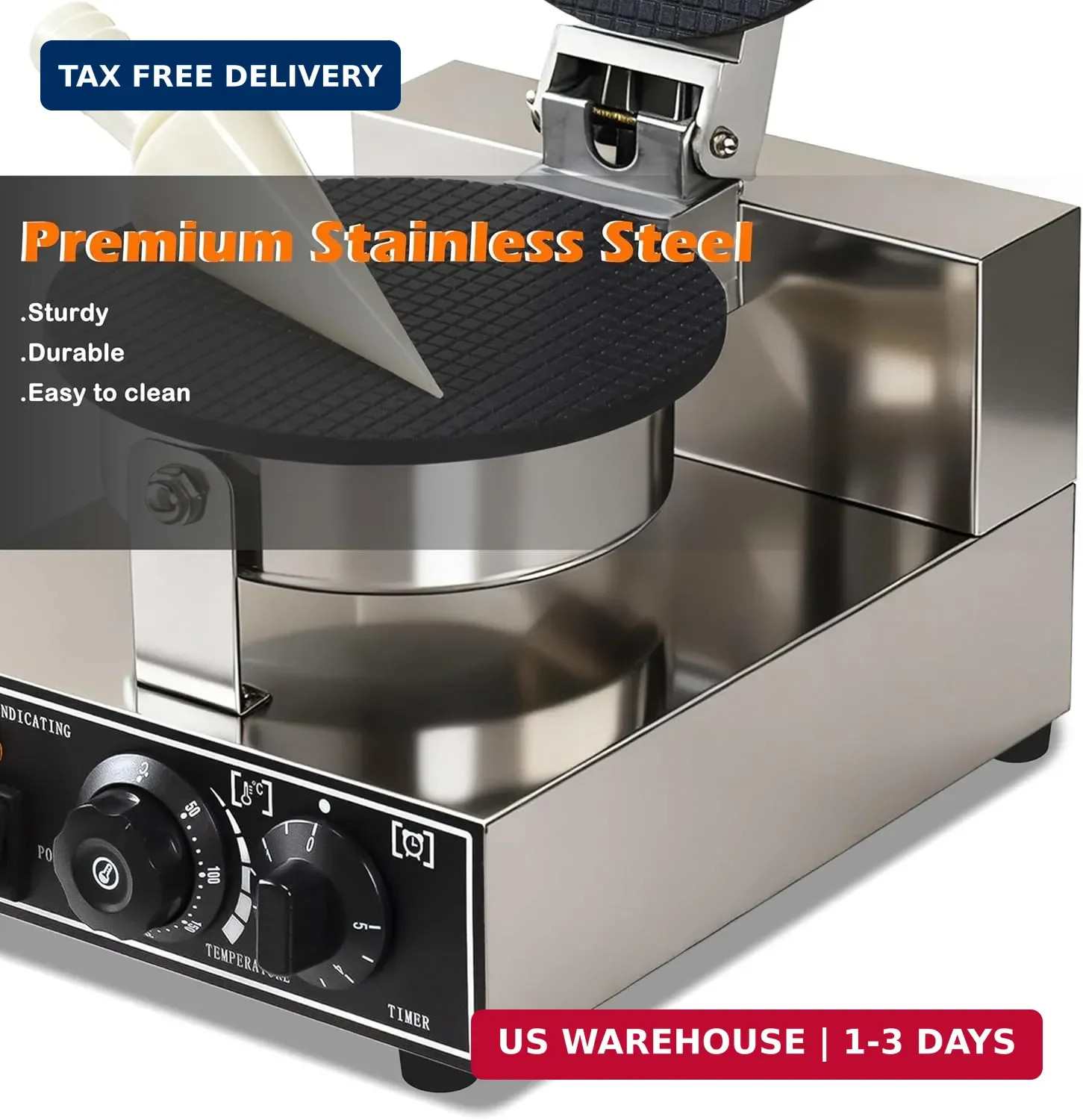 1300W Commercial Waffle Cone Maker Ice Cream Cone Machine Temp Timer Control
