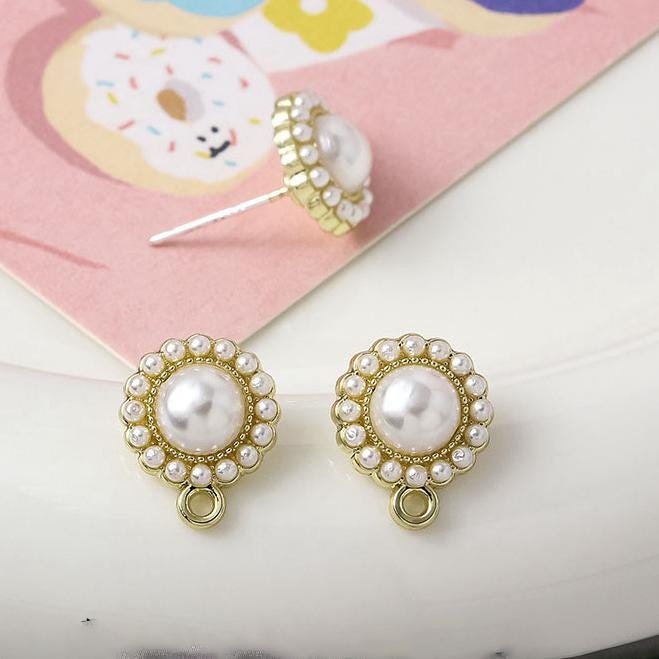 2Pairs Gold Tone Alloy Faux Pearl Earrings Connector Component 11X13mm GJS608