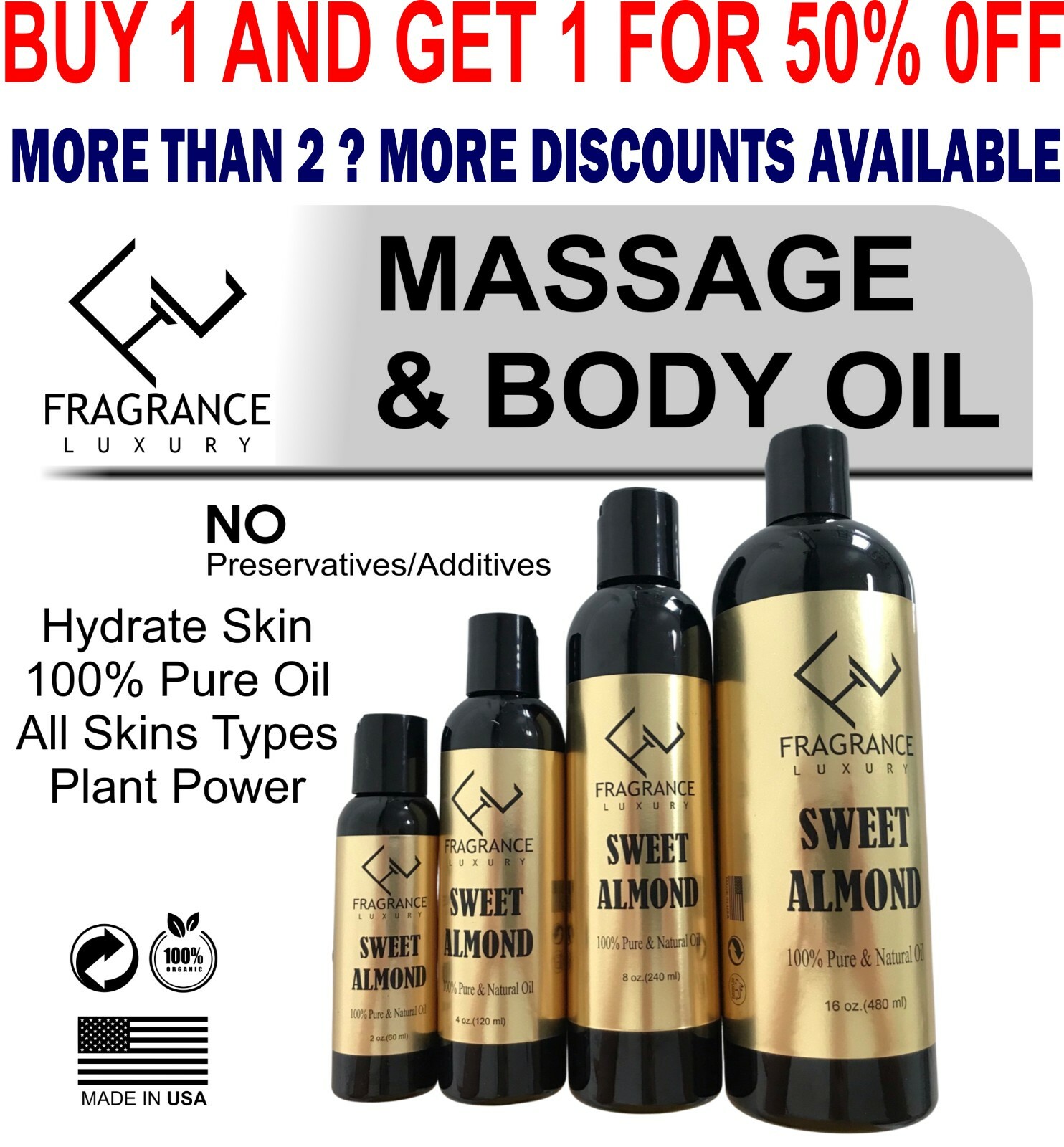 Sweet Almond carrier Oil 100% Pure Natural Organic For Skin,Face,Hair & Massage