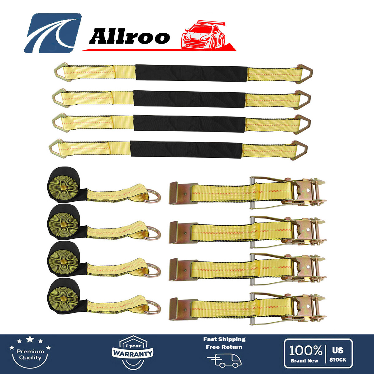4 Pack Car Tie Down Straps Heavy Duty 10,000 lbs for Trailers Wheel Tow Ratchet