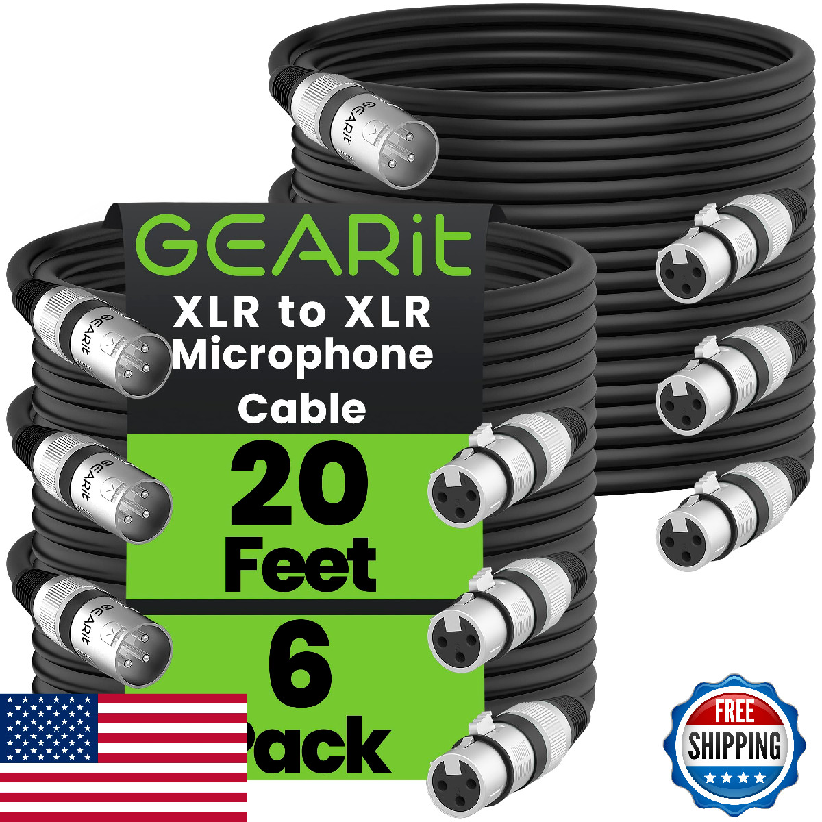 GEARit 6-Pack 20ft XLR Male/Female Balanced Microphone Cables for Studio/Live