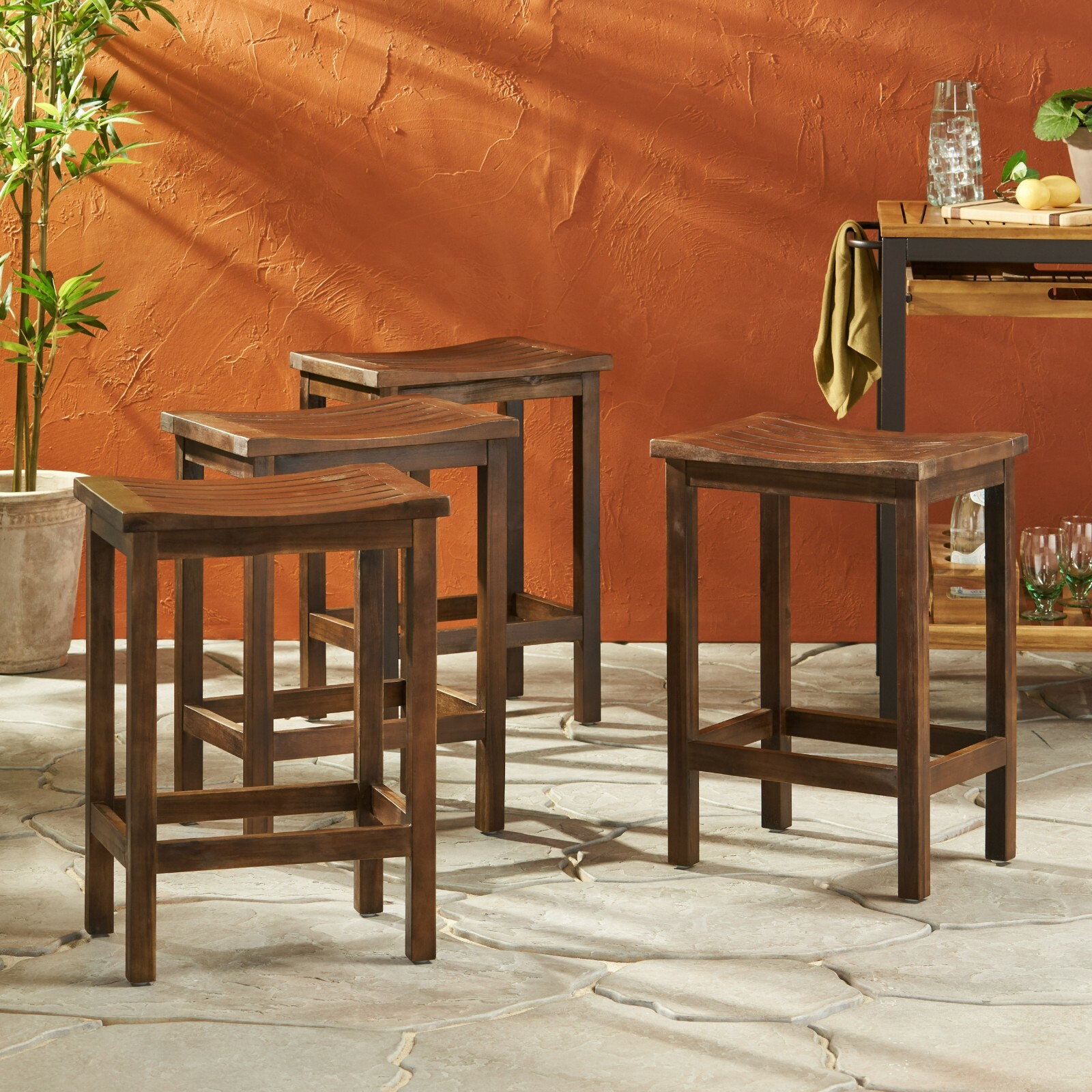 Doric Outdoor Mahogany Brown Finish Acacia Wood Counter Stools