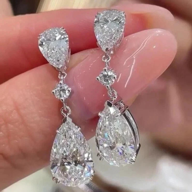 6.20 Ct Pear Cut Diamond Drop/Dangle Earrings 14k White Gold Plated