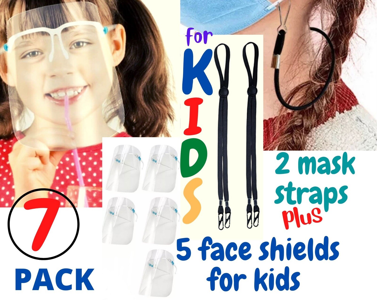 KIDS FACE SHIELD CLEAR GLASSES 5PCS+2PCS MASK STRAPS 7PC SET LOT SALE USA SELLER