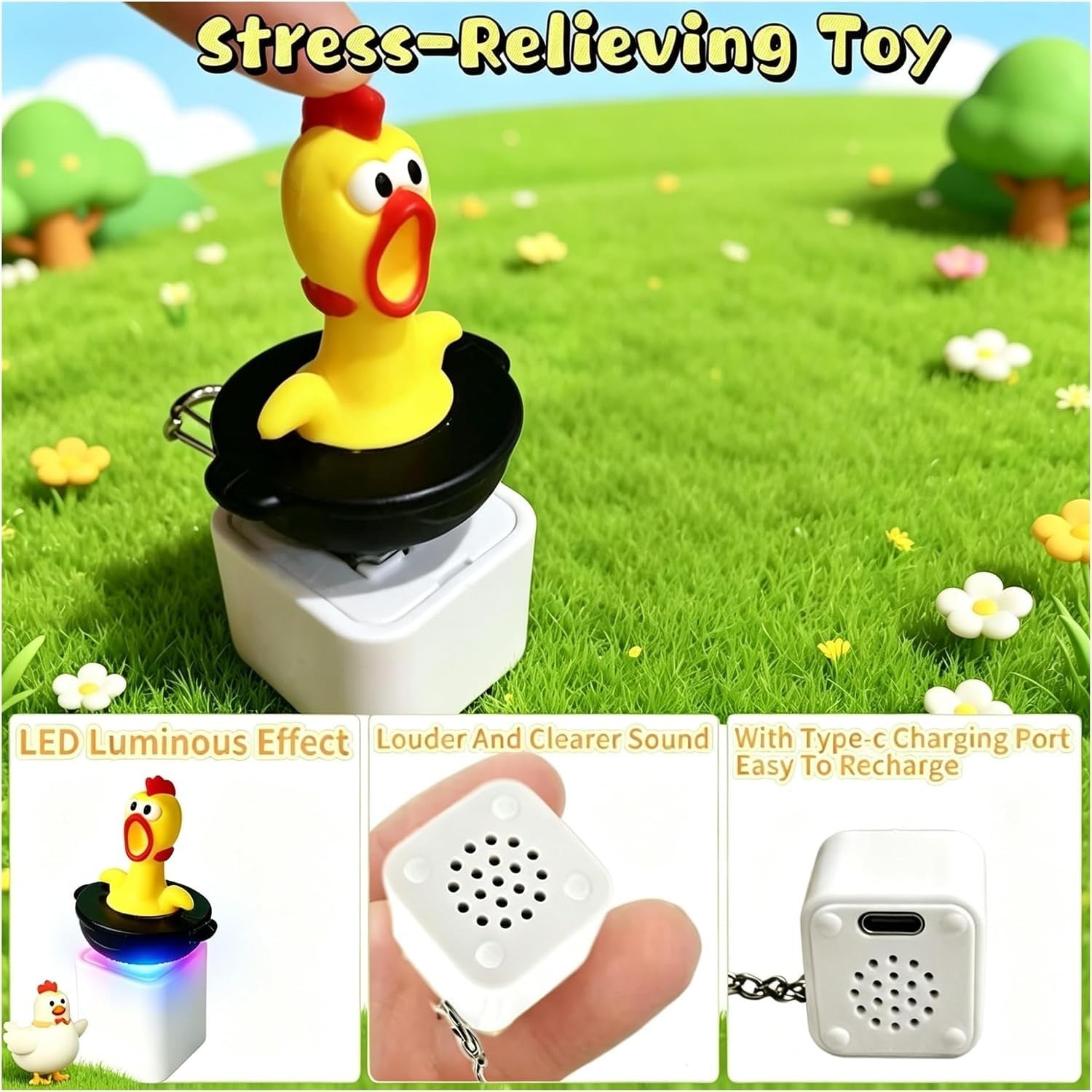 Screaming Chicken Sound Button Keychain, Rechargeable Fidget Clicker