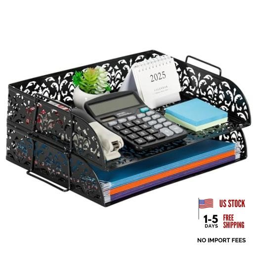 Paper Organizer for Desk 2 Tier Stackable Paper Tray for A4 Legal Size Black