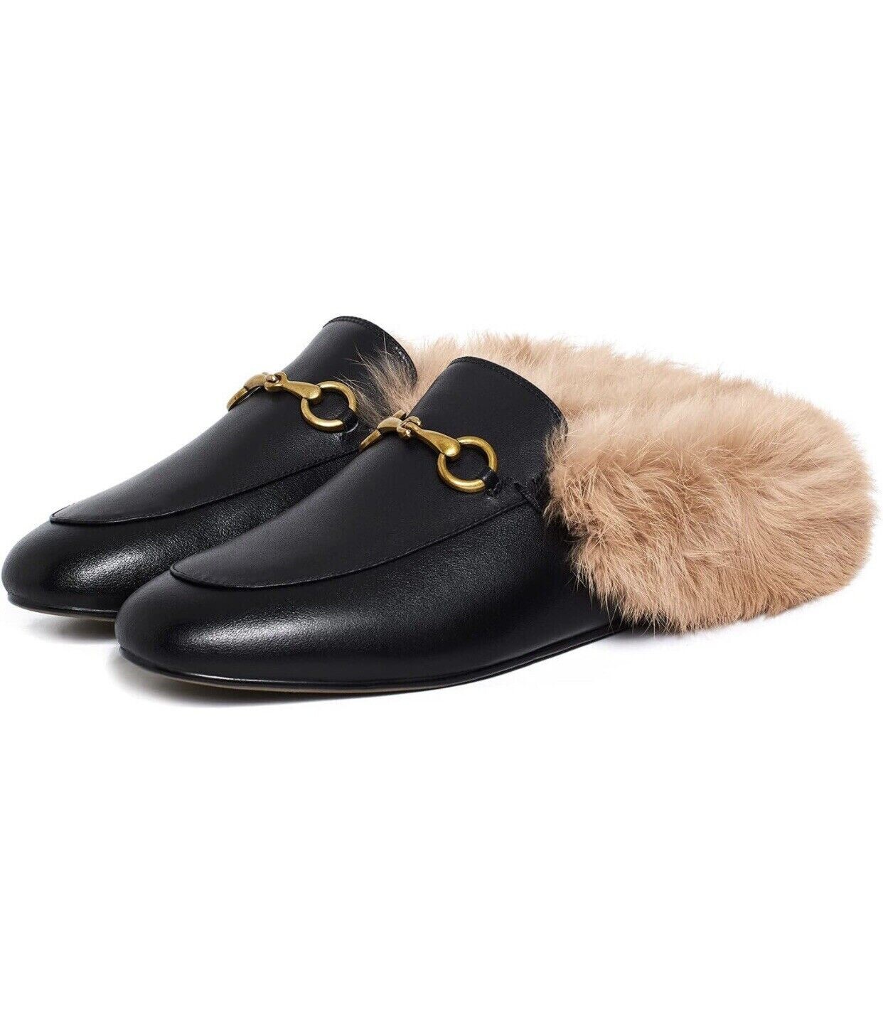Women's Slippers Black Faux Leather Faux Fur Mules Loafers USL8 EU40 NWT!