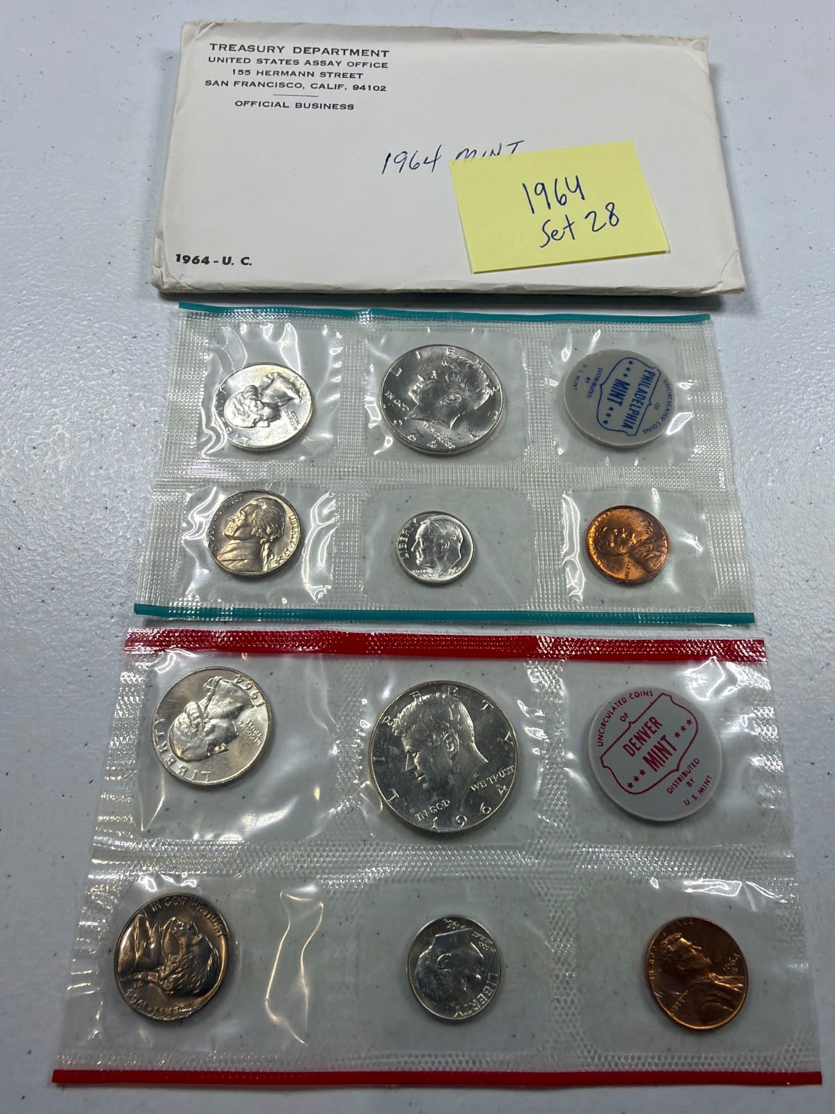 (1) 1964  US MINT SILVER P & D Set,  in all OGP,  w/ 90%  SILVER COINS,   SET 28