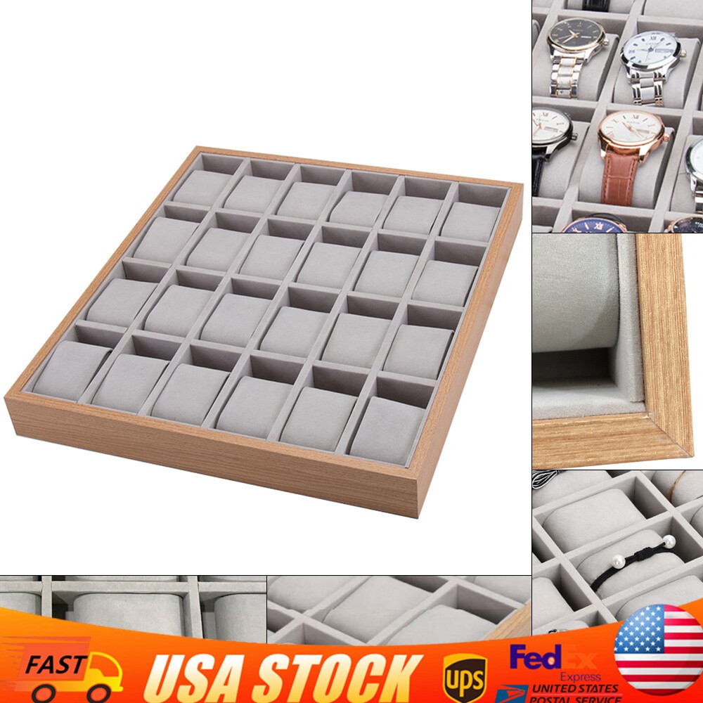 24 Slots Wood Watch Box Jewelry Storage Case Organizer Display Box Holder Tray
