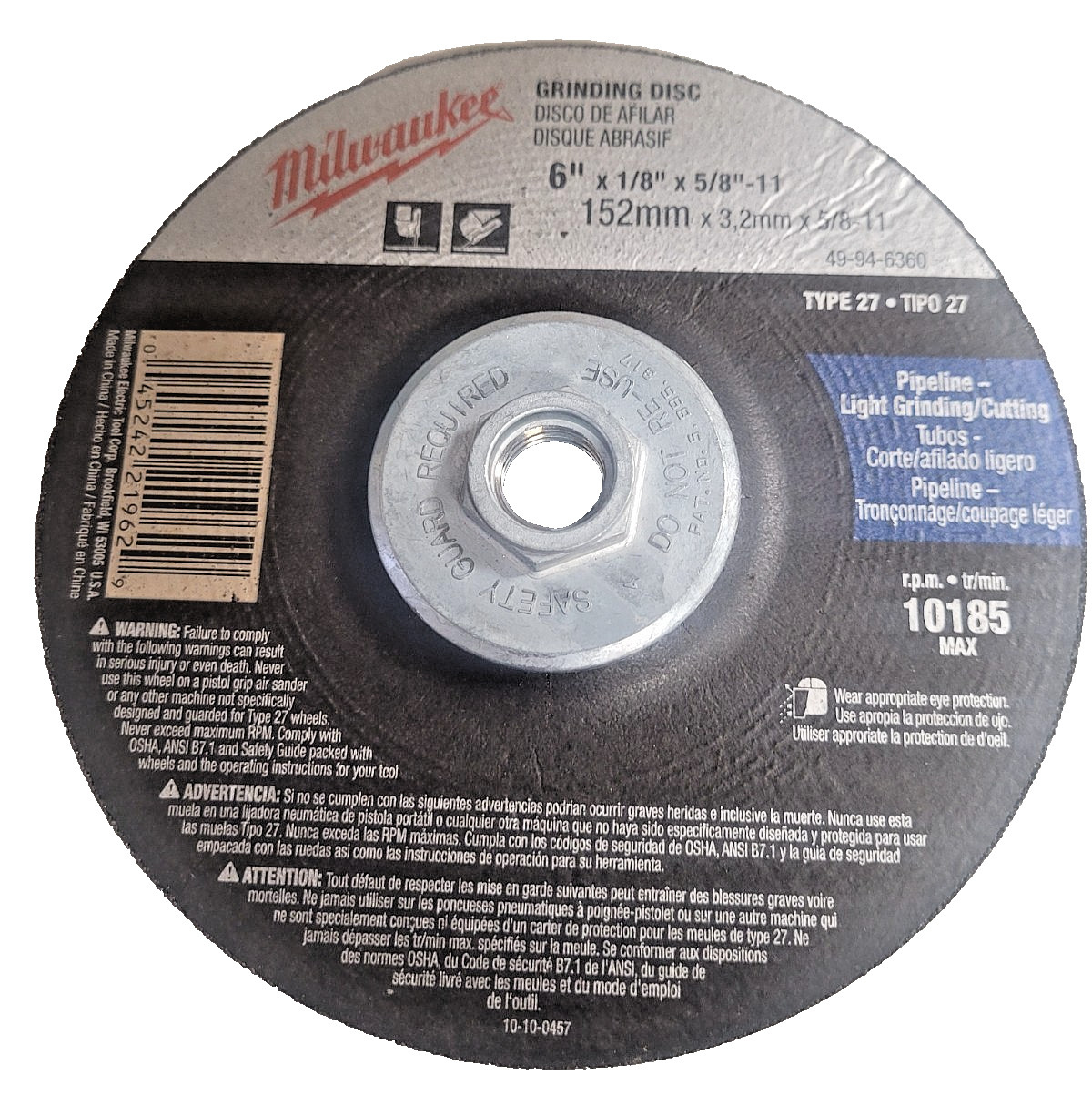 Milwaukee 49-94-6360 6" X 1/8" X 5/8"-11 Grinding Wheel Tp27  LOT OF 5 Pipeline