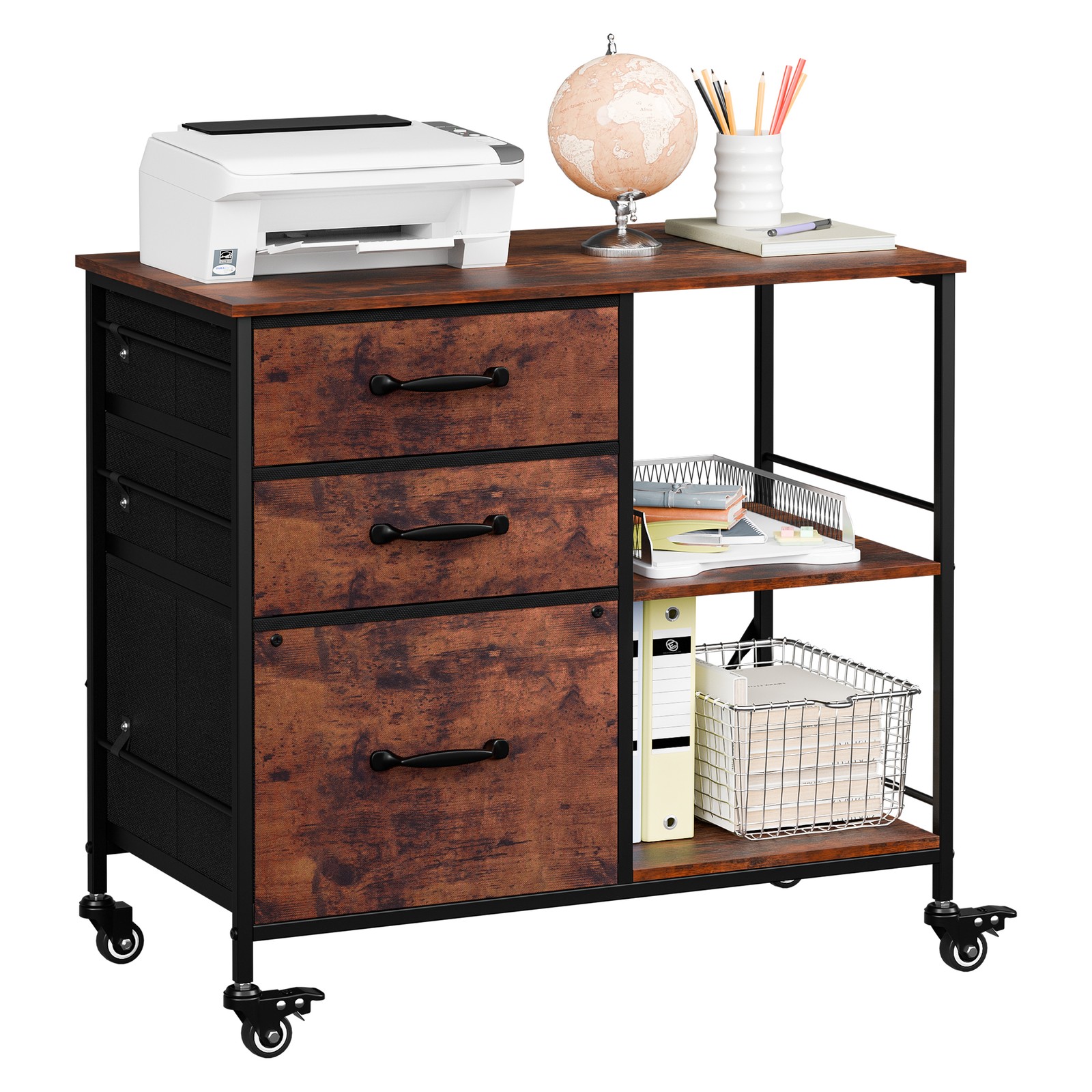 3 Drawer Mobile File Cabinet Rolling Printer Stand w/ Storage Shelf Rustic Brown