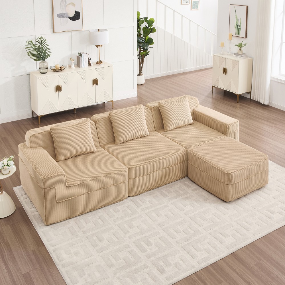 Modular 3-Seat L-Shape Sectional Sofa w/ Ottoman, Corduroy Camel