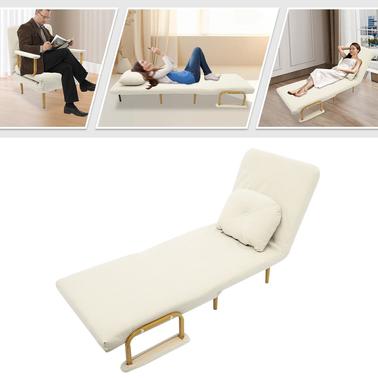 Off-white Convertible Sofa Bed Folding Sofa Bed with Pillow & 5-Gear Backrest US