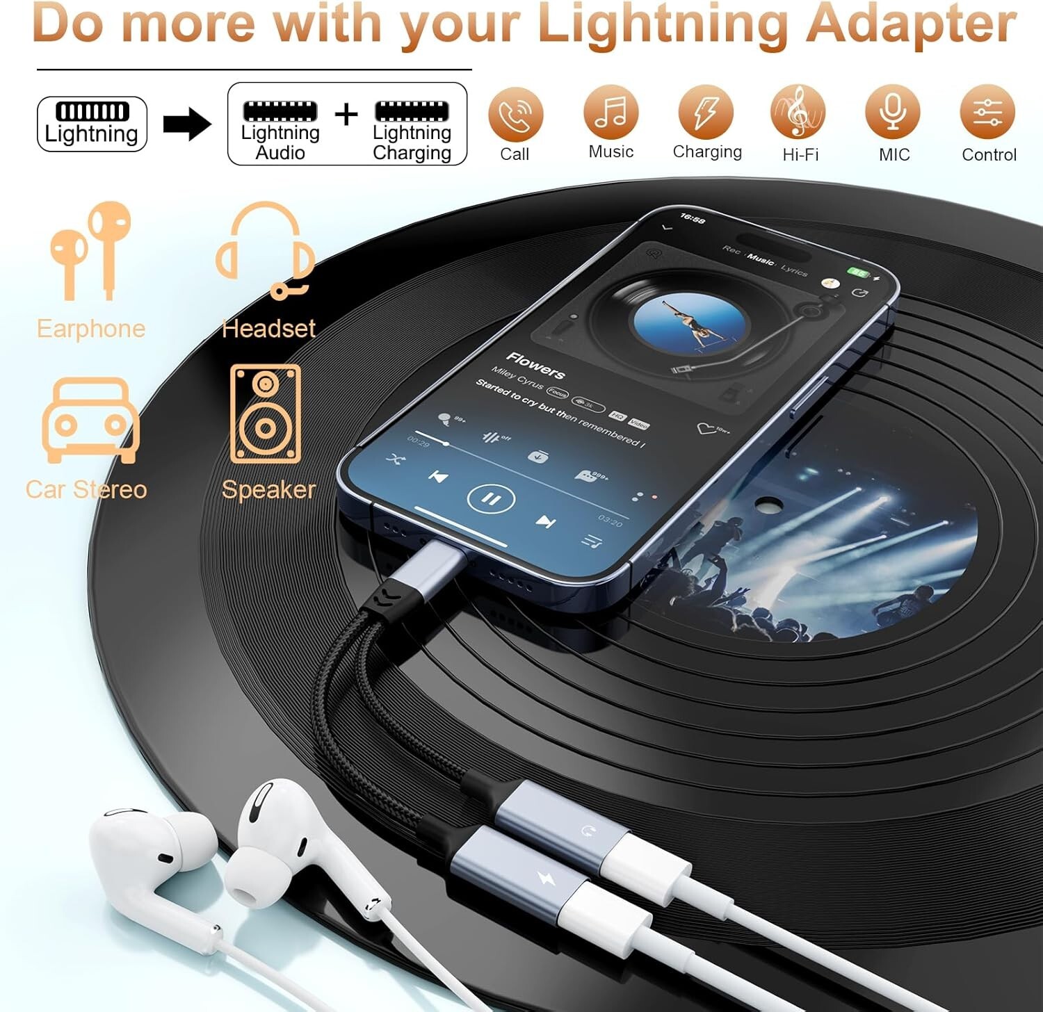 iPhone Splitter for Charging & Headphone Adapter to two Lighting MFi-Certified