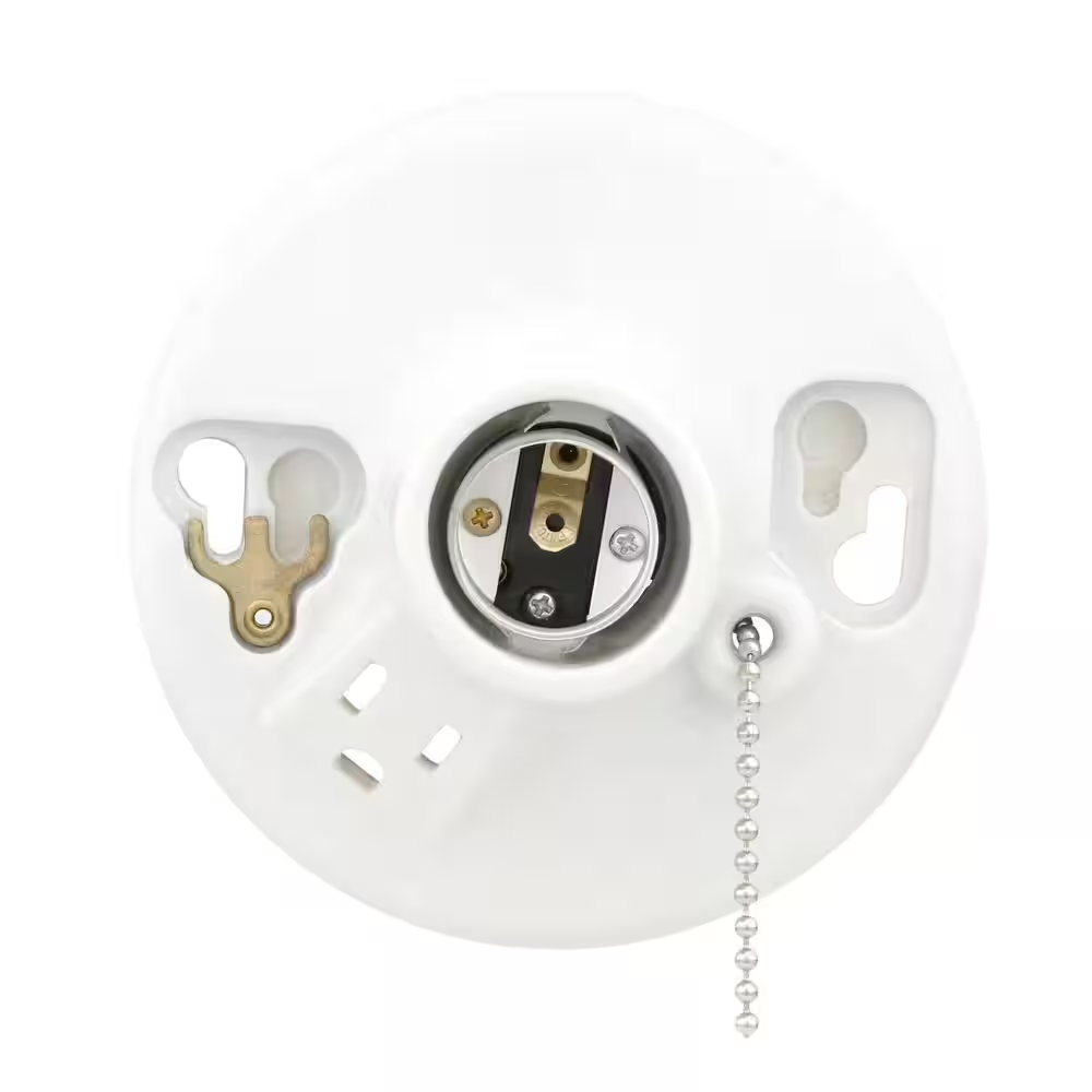 Glazed Porcelain Lamp Holder with Pull Chain and Outlet - Convenient Lighting