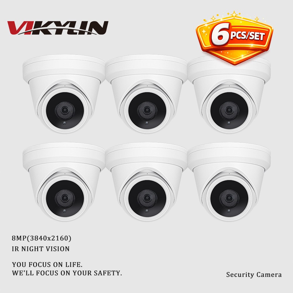 6PCS/SET VIKYLIN 8MP 4K IR Light 30M Turret Security Camera Indoor Built-in MIC