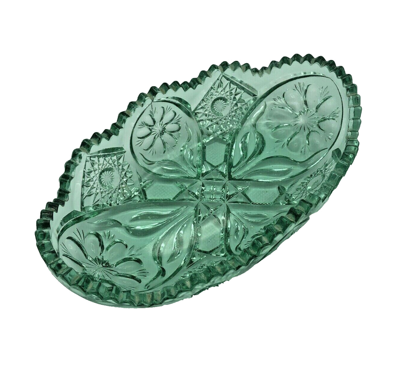 Green Cut Glass Oblong Vegetable/Relish Dish with Saw Tooth Rim 8 x 4.75 Vintage
