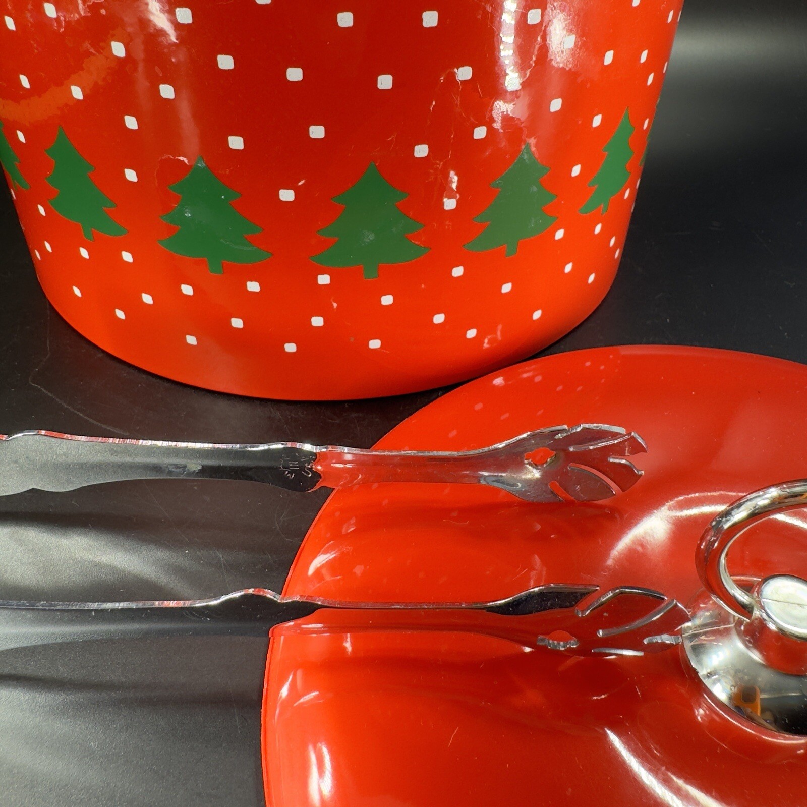 1980s Libbey Winterland Retro Bright Red Holiday Ice Bucket Vintage W Lid Decor