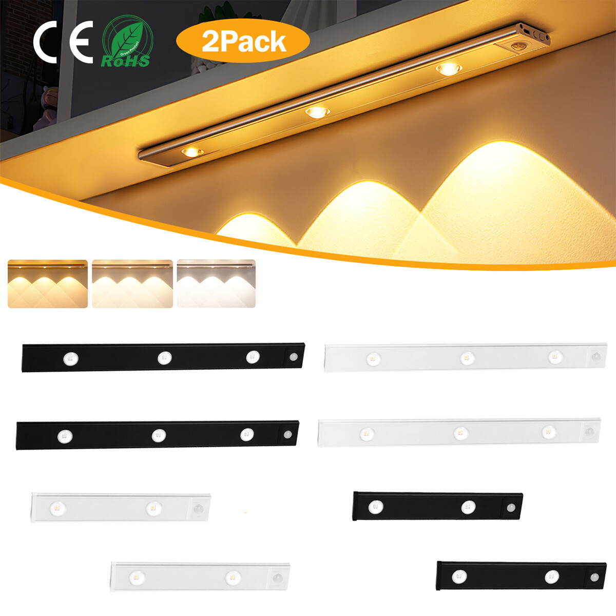 2PACK LED Motion Sensor Lights Strip Cabinet Lamp Closet Kitchen Rechargeable