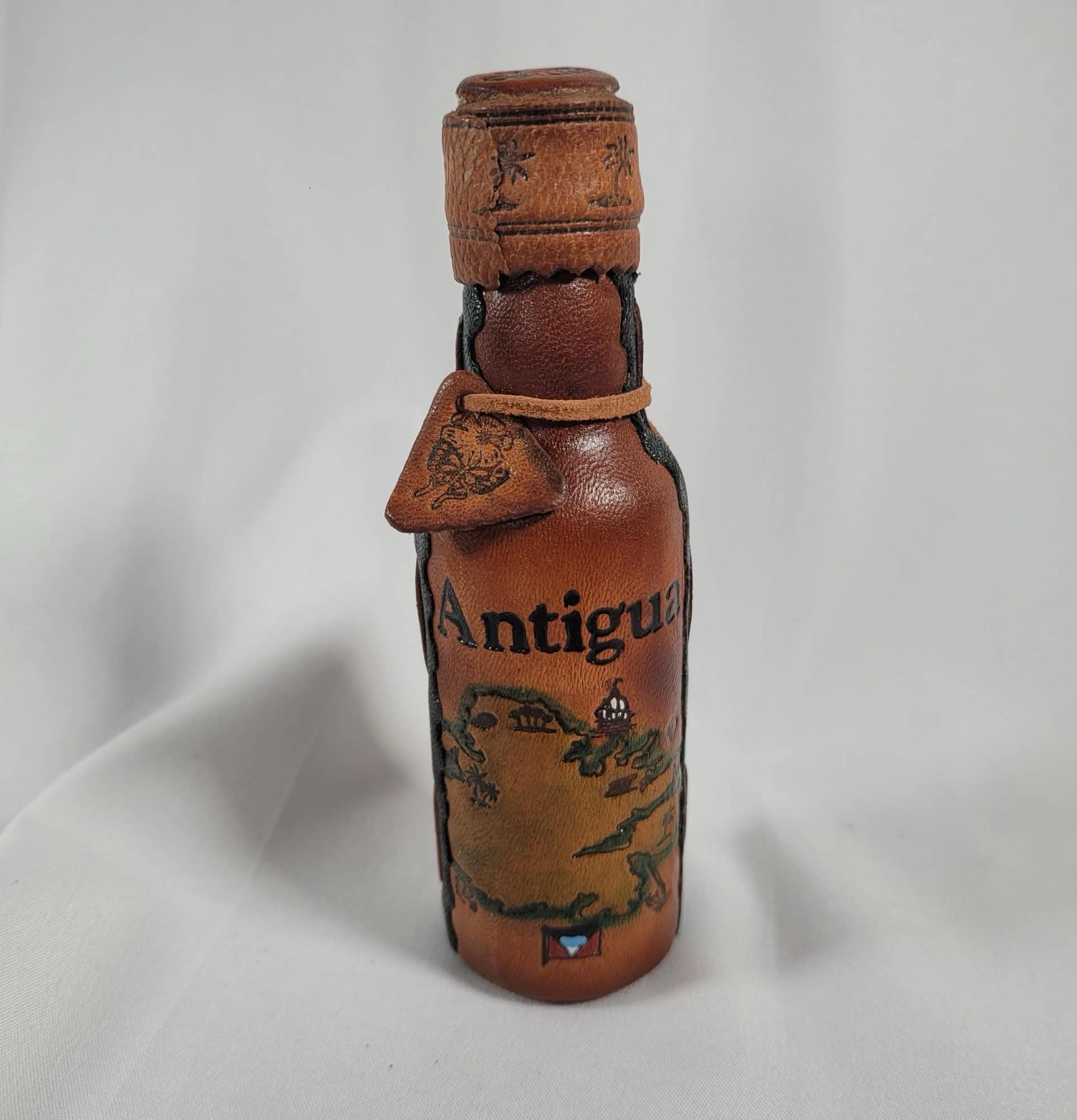 Vintage Antigua Leather Wrapped Liqueur Bottle Souvenir Caribbean Hand Tooled 5"