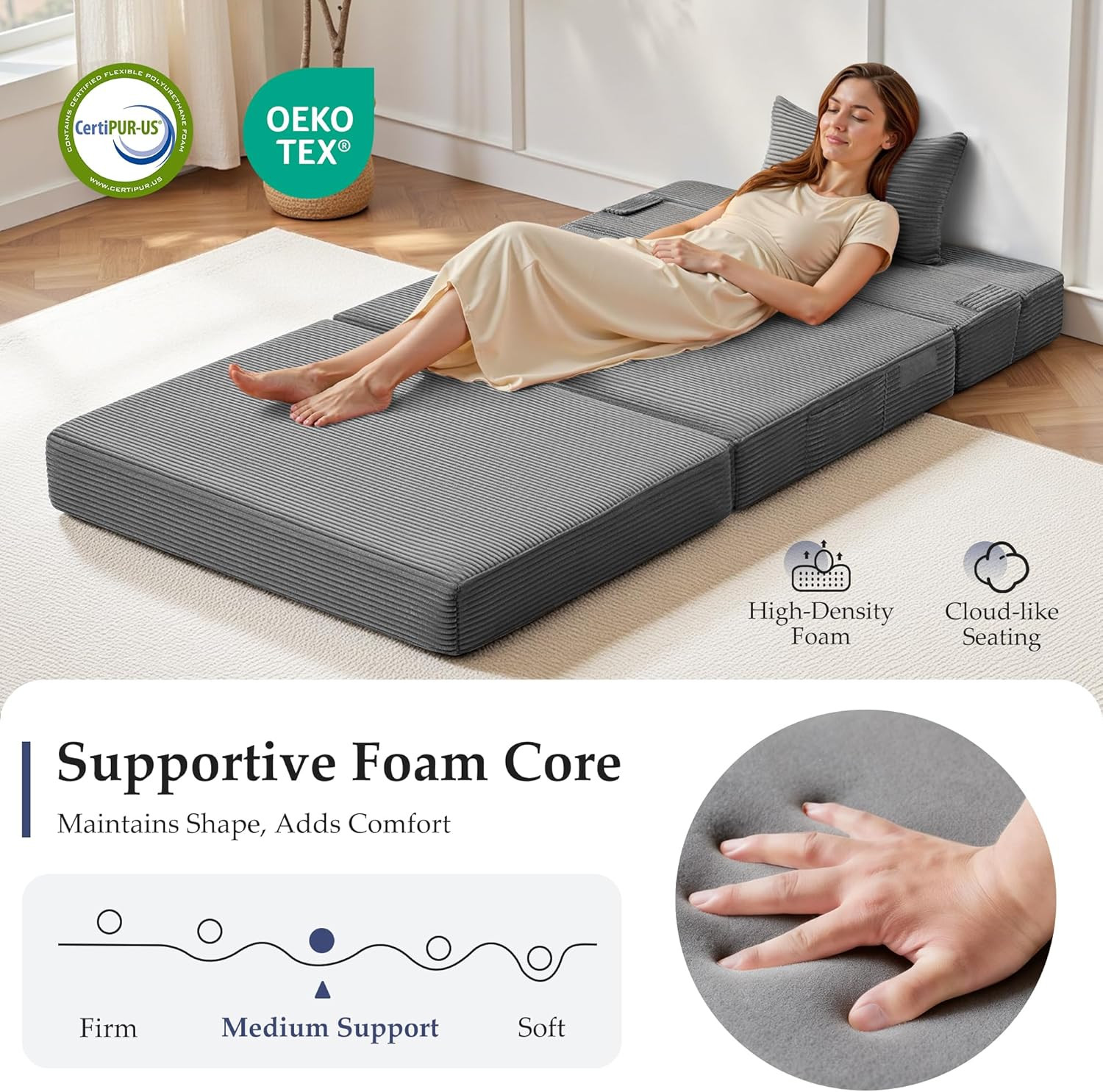 4-in-1 Folding Sofa Bed with Pillow, Washable Cover, Dark Gray, Single