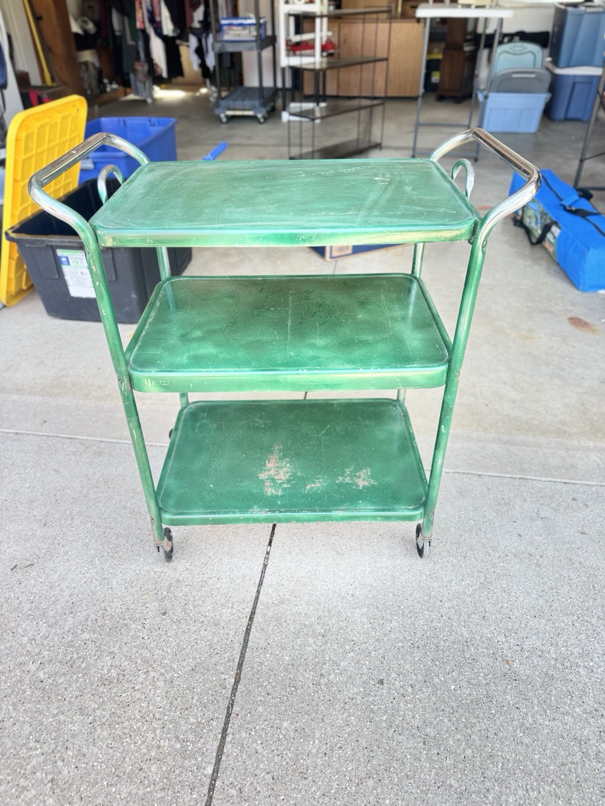 Vintage Mid Century Avocado Metal 3 Tier Rolling Kitchen Utility Cart MCM