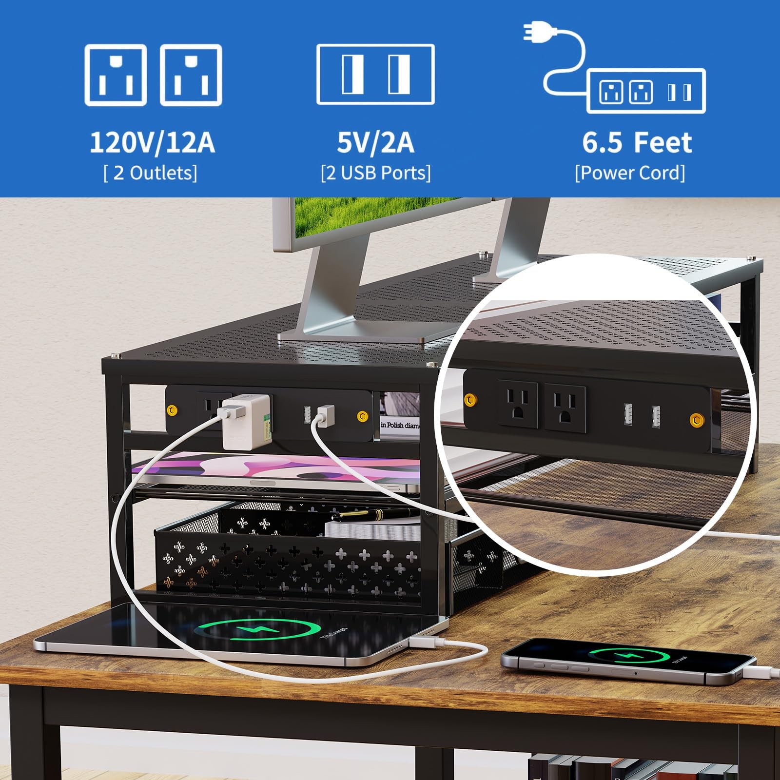 2 Tier Metal Monitor Stand Riser with USB 2.0 and Charging Prot Computer Off...