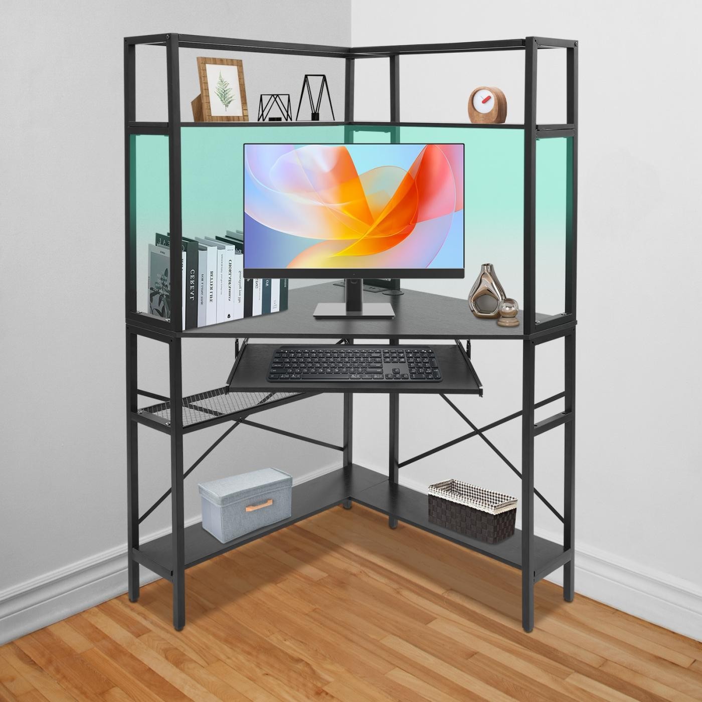 Black Corner Desk, Corner Computer Desk with Power Outlets, Home Computer Desk