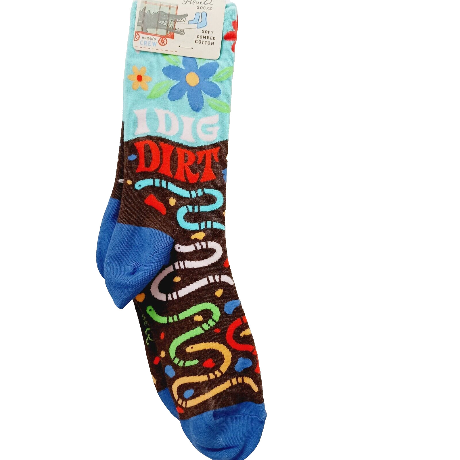 Sock Blue Q Crew Women Boy I Dig Dirt Worm Gardening Plant Flower Soil NWT NEW