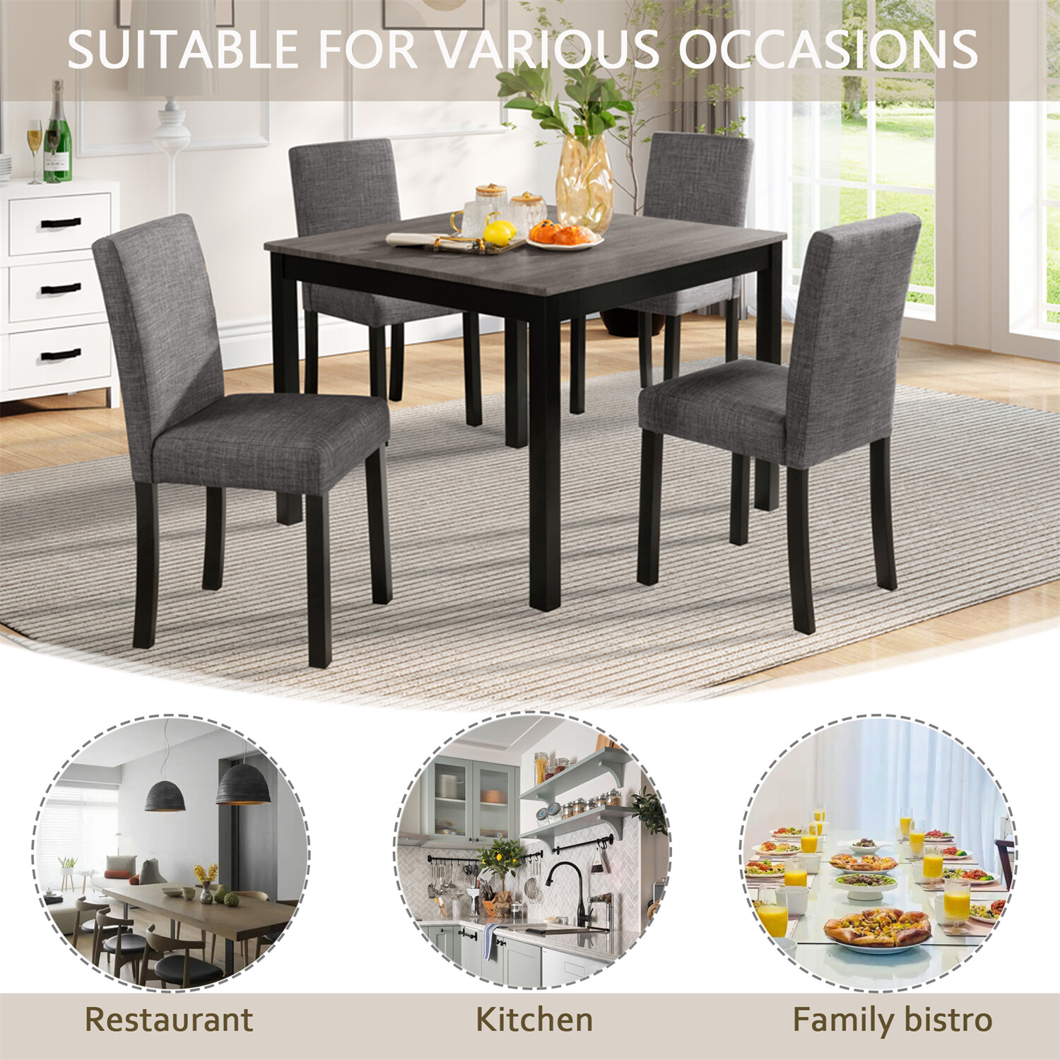 5 Piece Dining Table Set Wooden Dining Table with 4 Upholstered Chair Light Gray