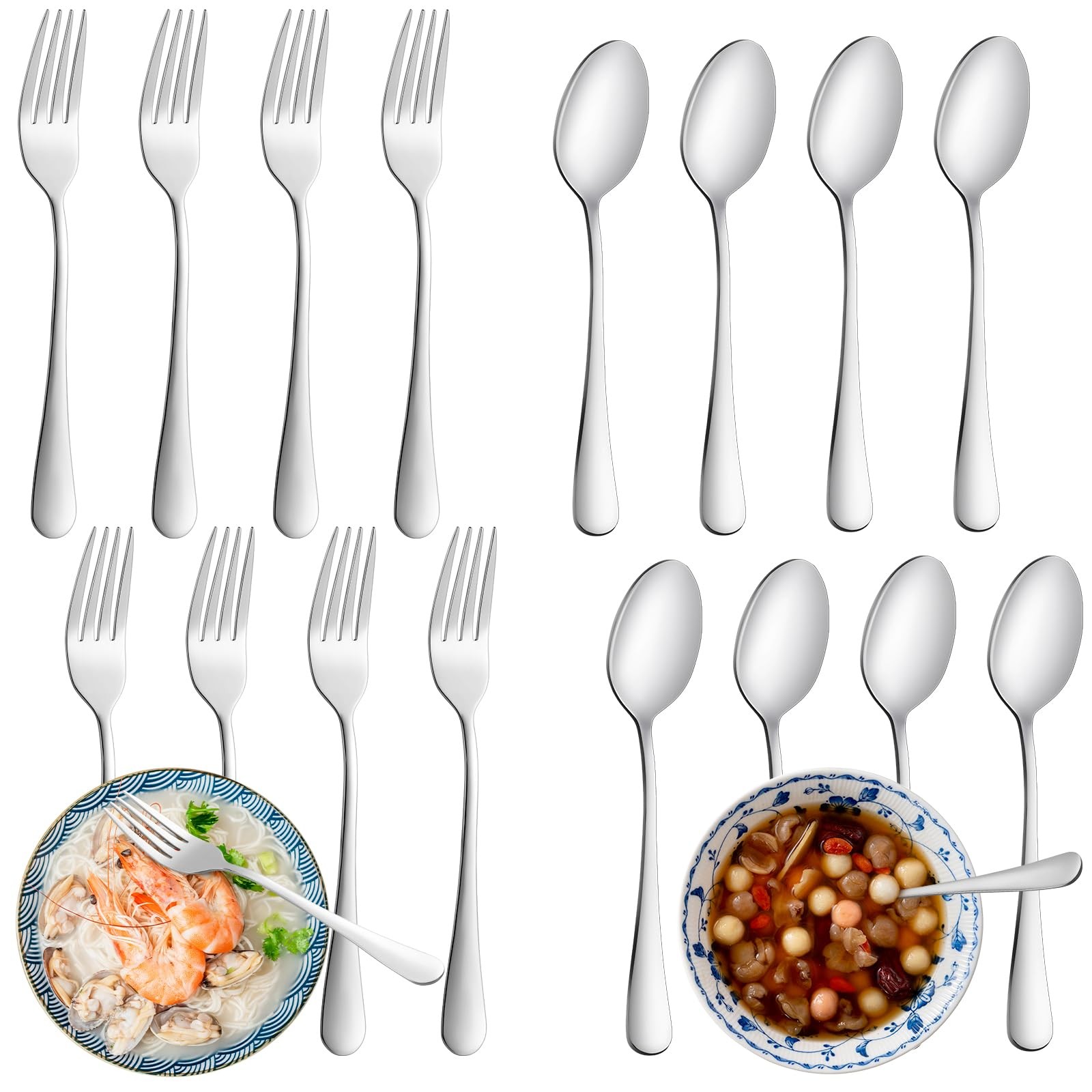 8 Pcs Forks and Spoons Silverware Set, Food Grade Stainless Steel Flatware Cu...