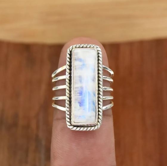 Rainbow Moonstone Sterling Silver Ring: Baguette Birthday Ring All Size R 539