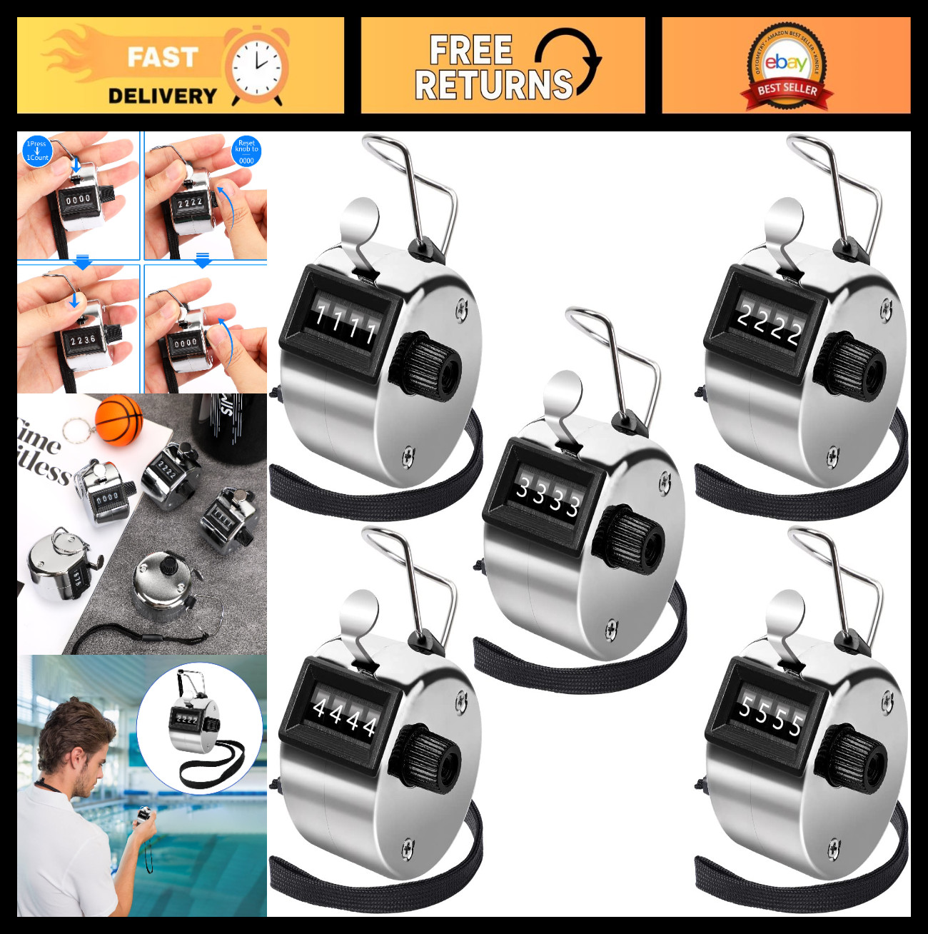 Handheld Mechanical Click Counter - 5 Pack, 4-Digit Tally Counter for Sports, Ev