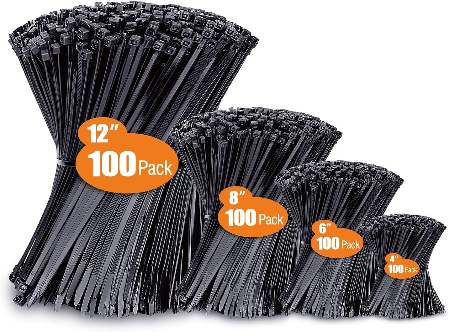 Zip Ties Assorted Sizes(4”+6”+8”+12”), 400 Pack, 4+6+8+12 (400 Pack), Black