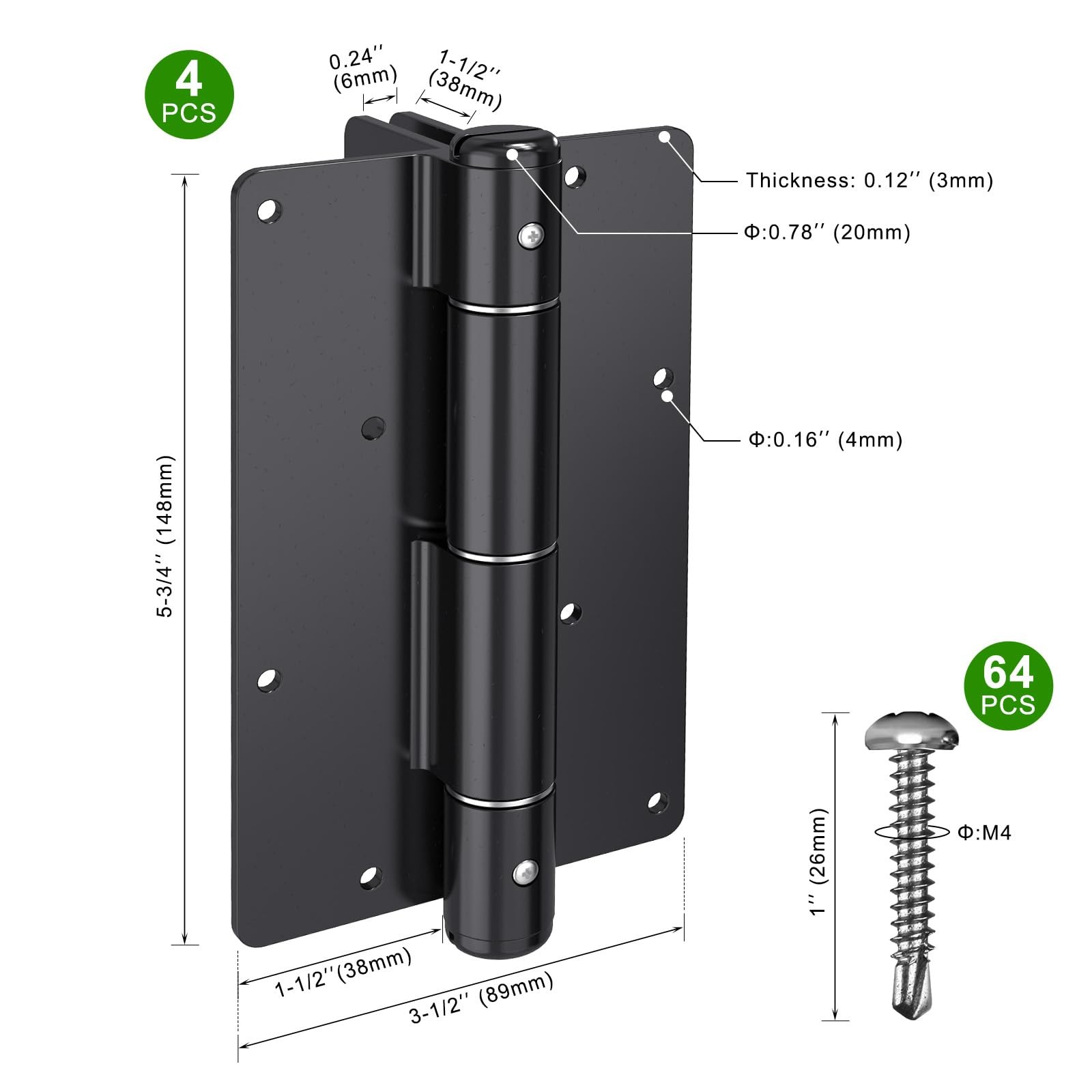 5-3/4" Self-Closing Gate Hinges Heavy Duty Black Steel Spring Hinges Wood Fence