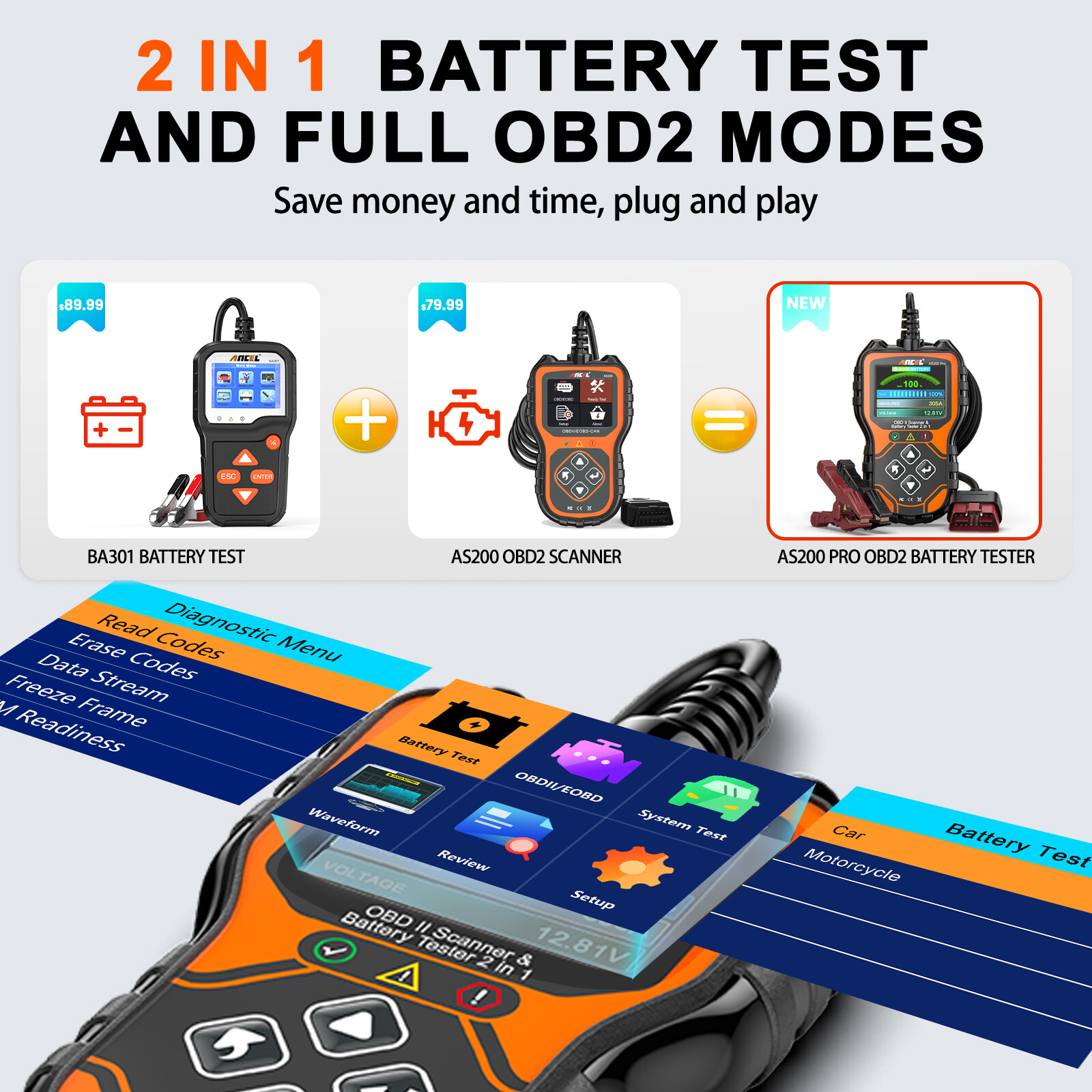 ANCEL AS200 Pro OBD2 Scanner Check Engine Code Reader Scan Tool 24V Battery Test