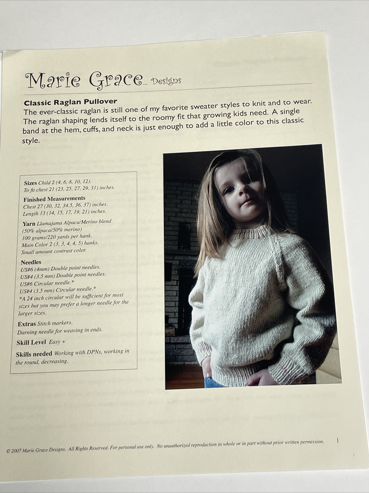 Marie Grace Designs Classic Raglan Pullover Sweater Size 2 - 12 Knitting Pattern
