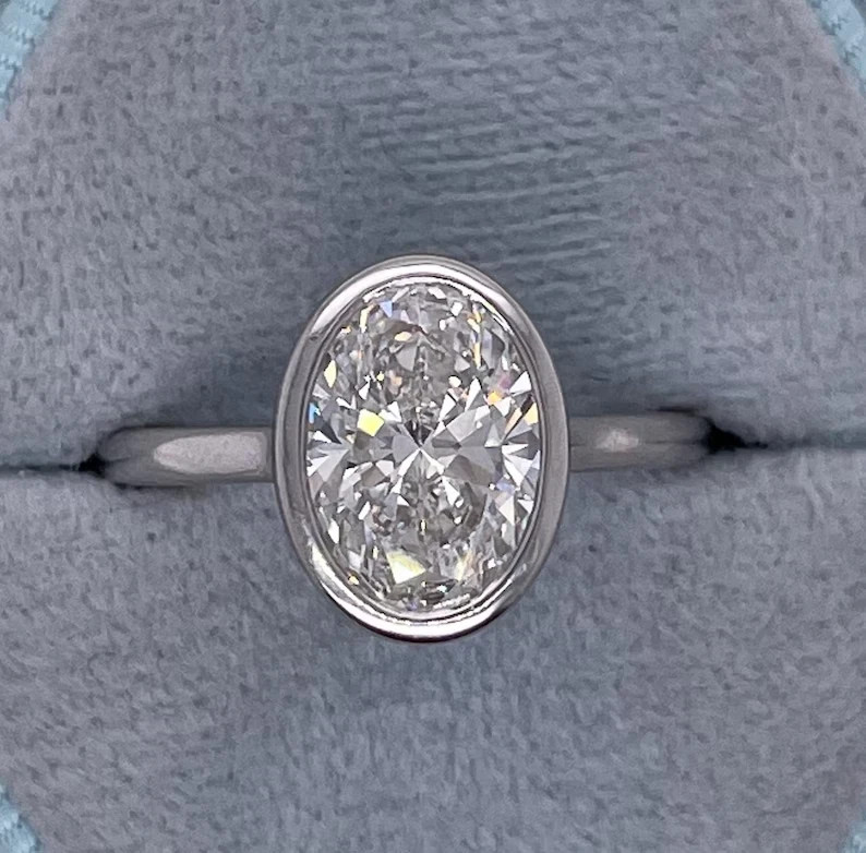 White Moissanite 3.70 Ct Oval Cut Bezel Engagement Ring 925 Sterling Silver