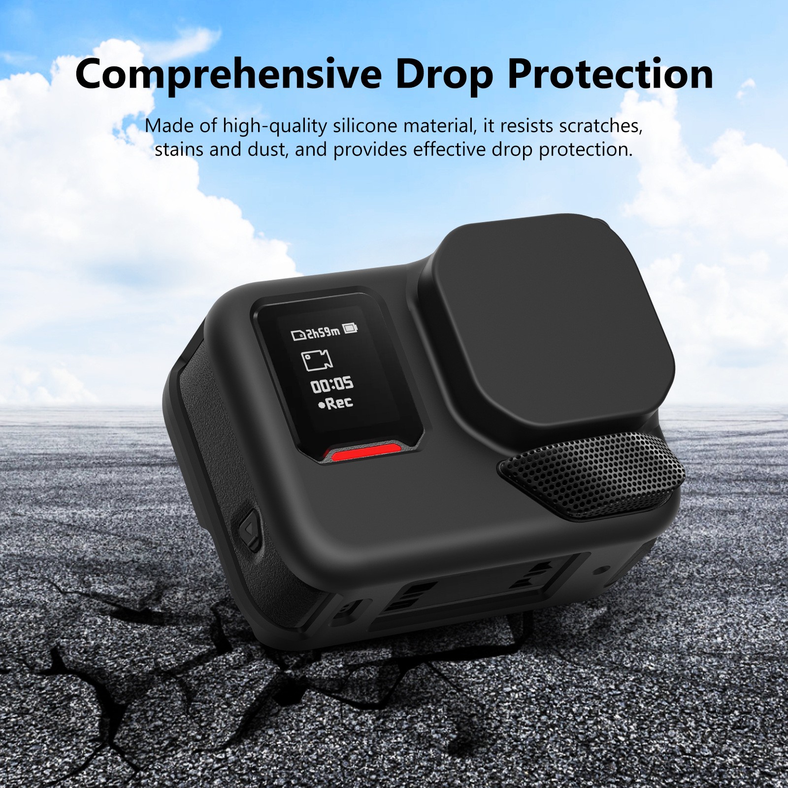 For Insta360 Ace Pro 2 Body Silicone Protective Case with Lens Cap&Strap (Black)